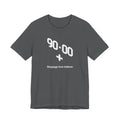 Grey t-shirt with white text '90-00 + Stoppage time believer' on a white background