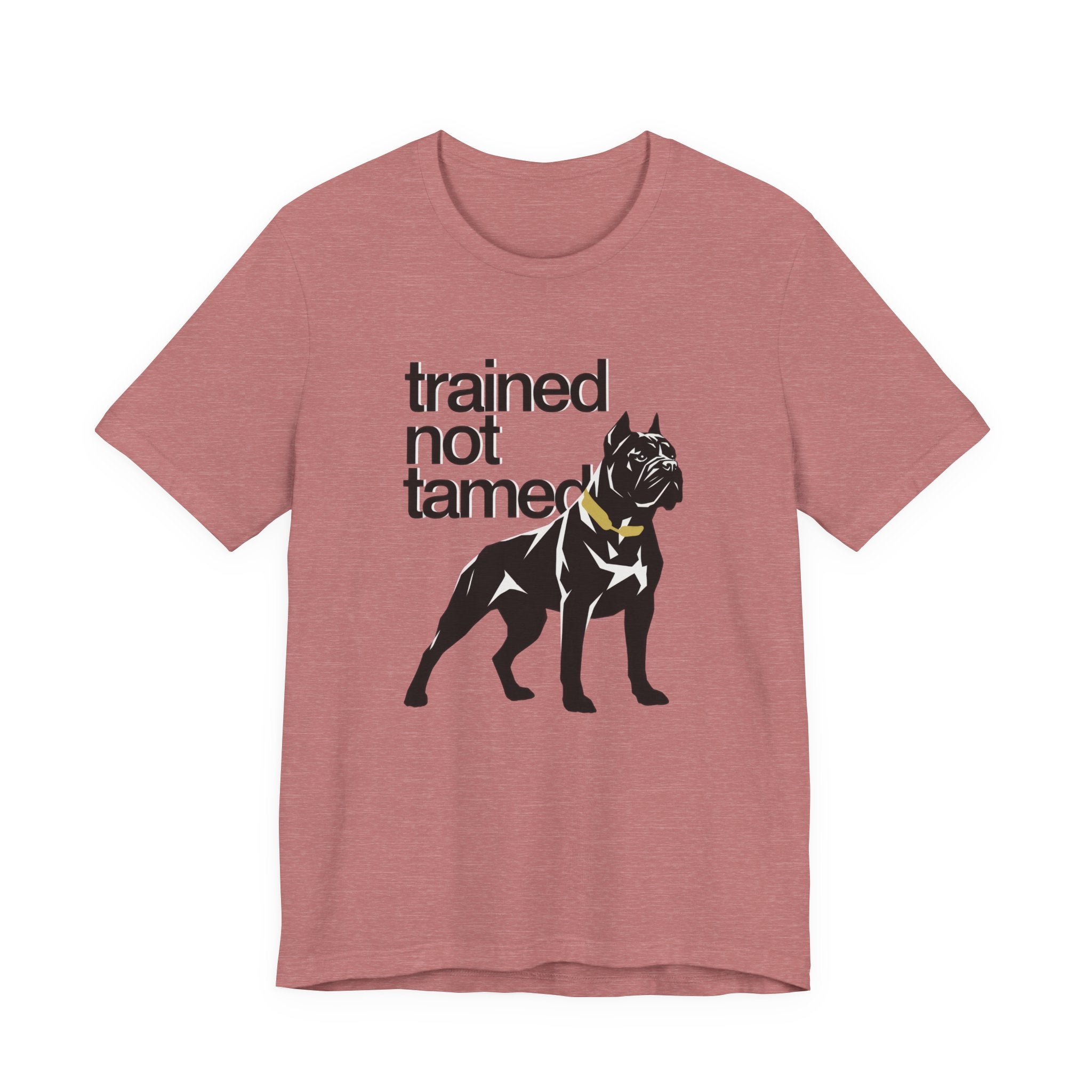Pink t-shirt with a black dog graphic and text 'trained not tamed' on a white background