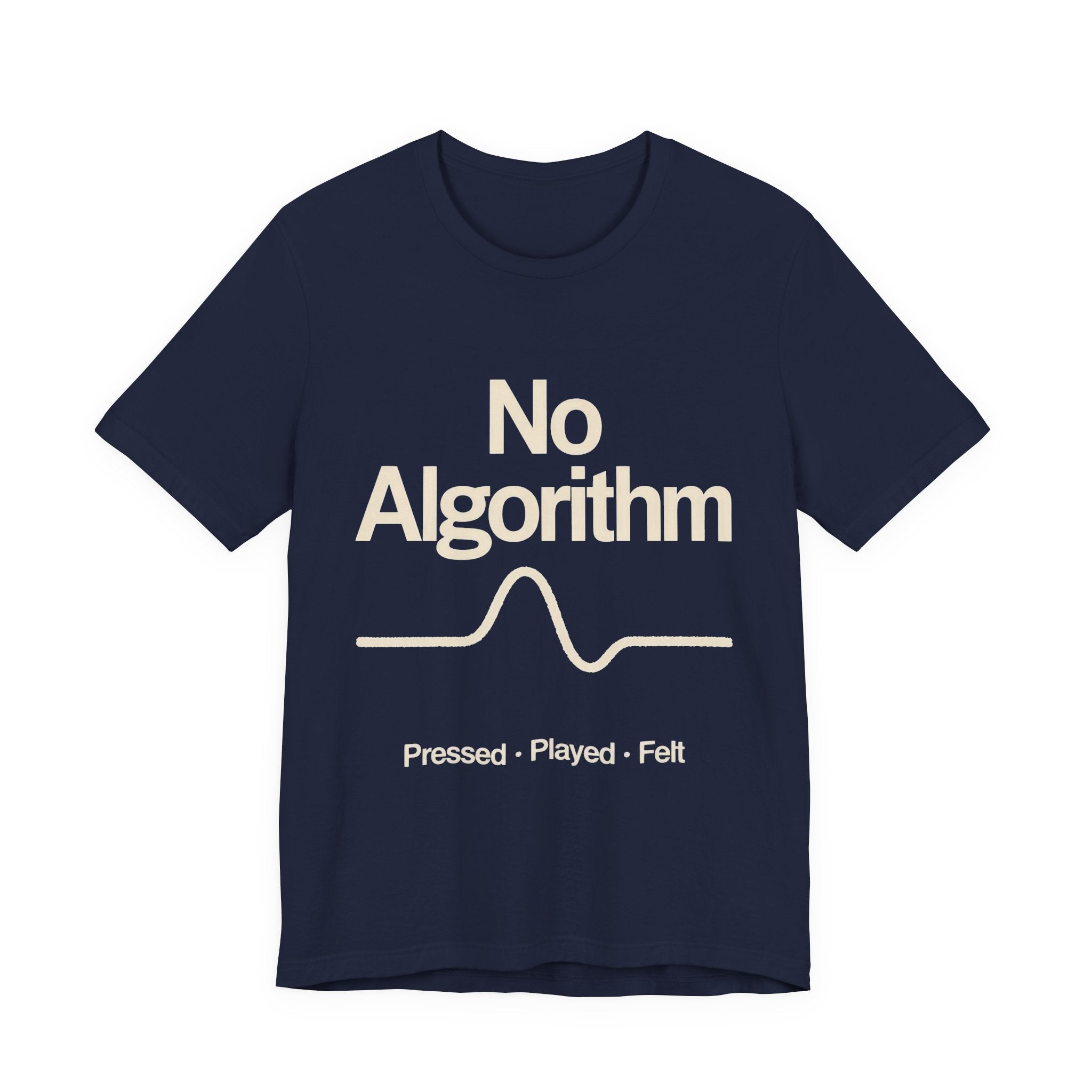 Navy t-shirt with 'No Algorithm' text design on a white background