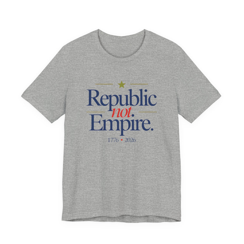 Gray t-shirt with 'Republic not Empire' text on a white background