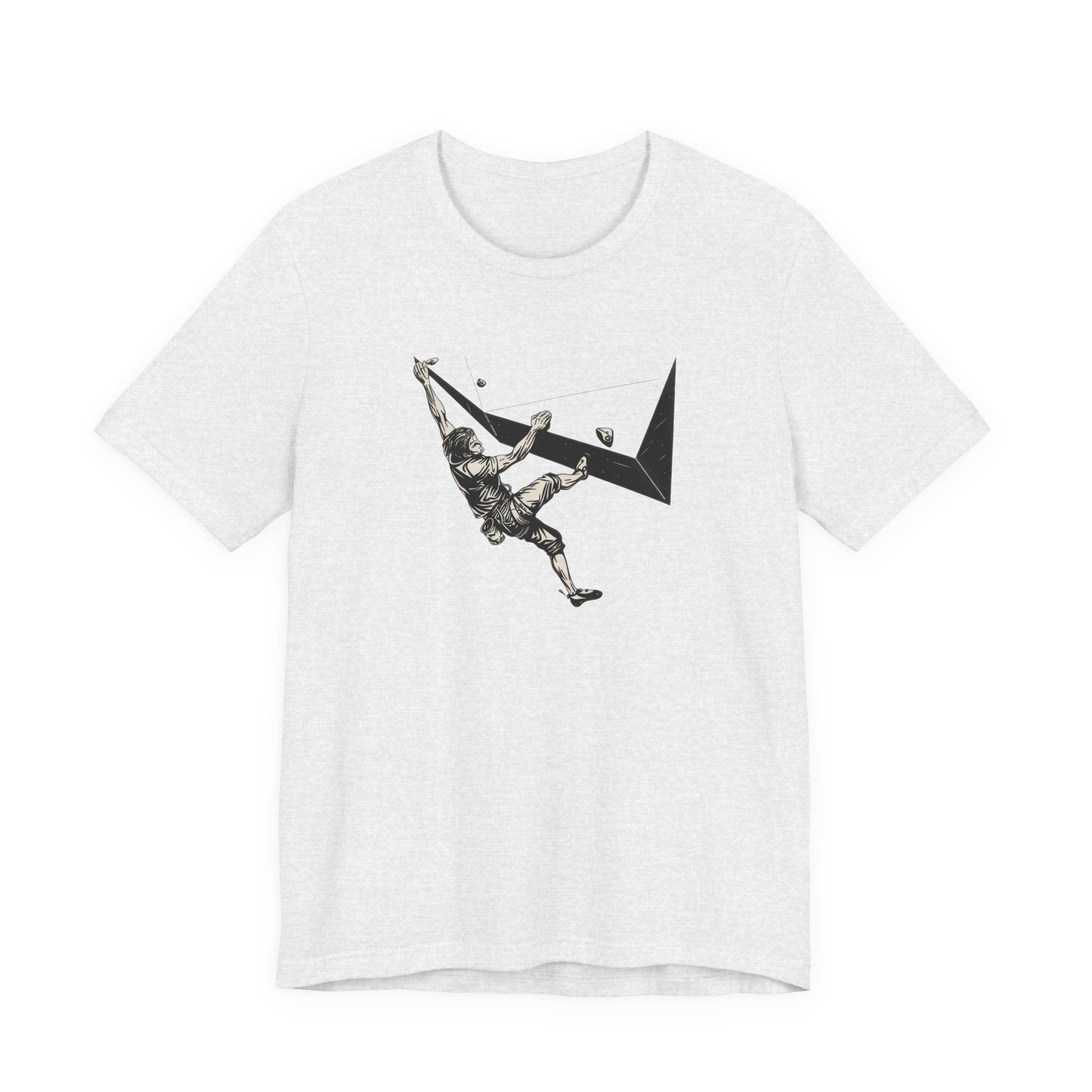 Ash t-shirt with black and white climbing graphic design on a white background