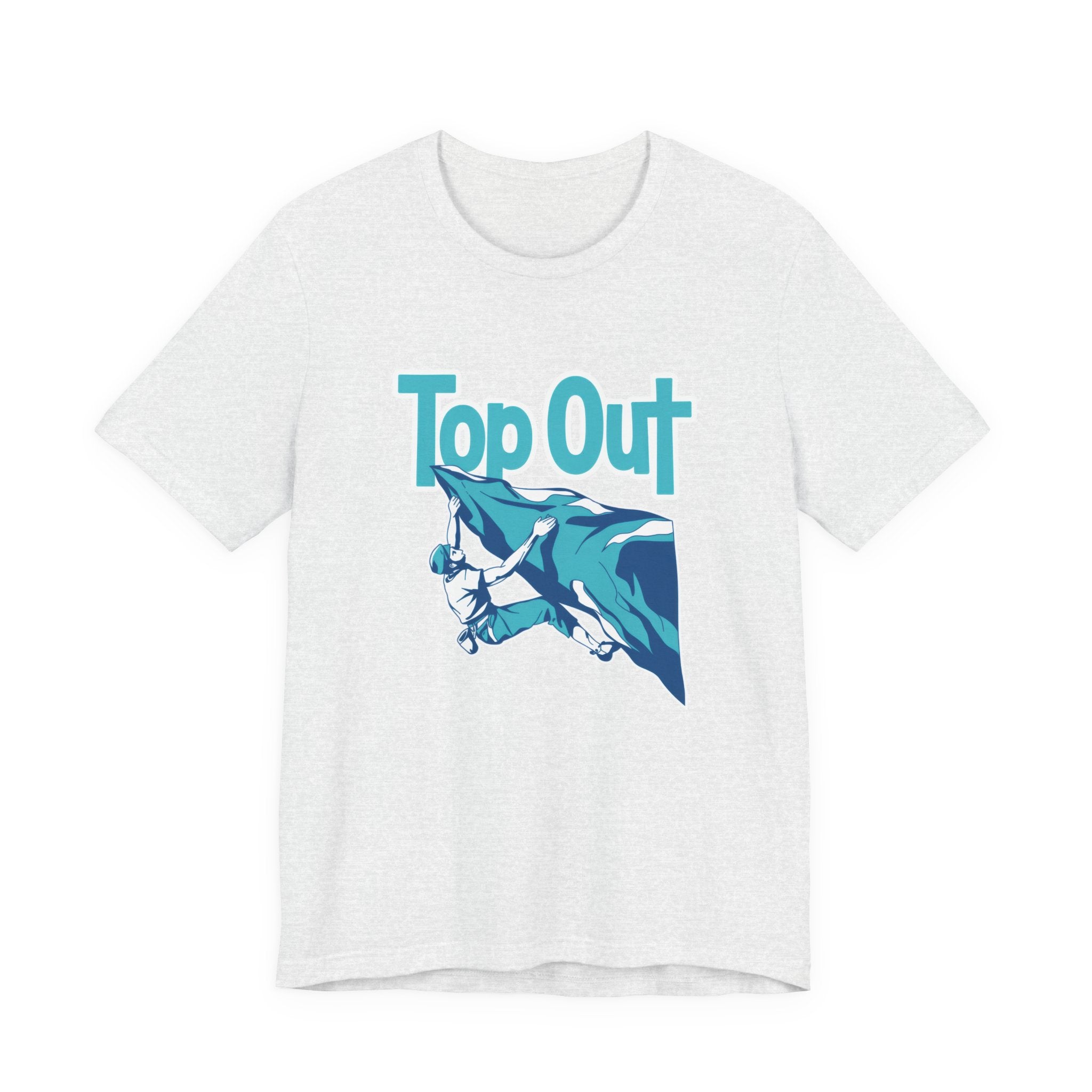 Ash t-shirt with a graphic of a climber and 'Top Out' text on a white background