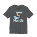 Gray t-shirt with 'The Mantle' graphic and climber on a white background
