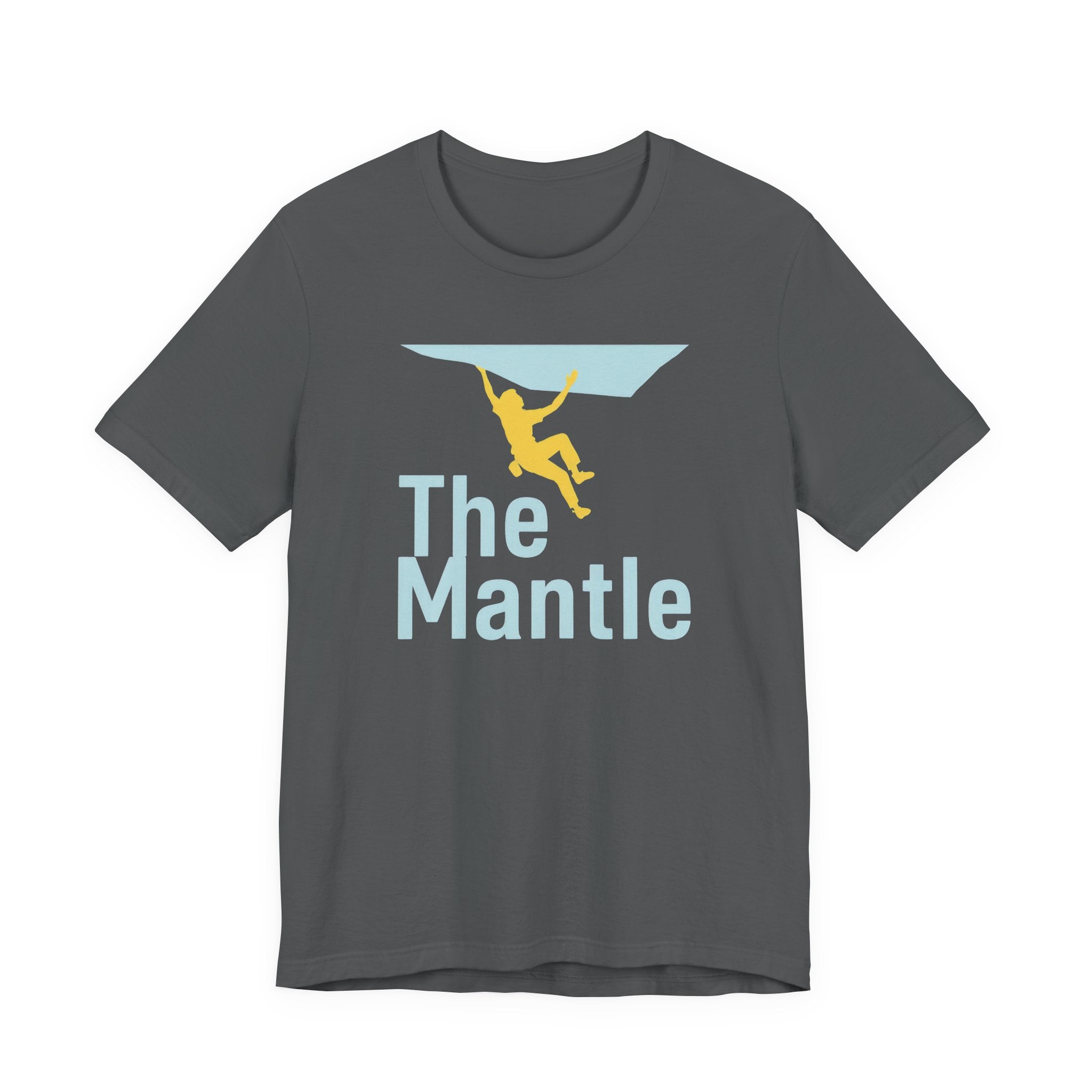 Gray t-shirt with 'The Mantle' graphic and climber on a white background