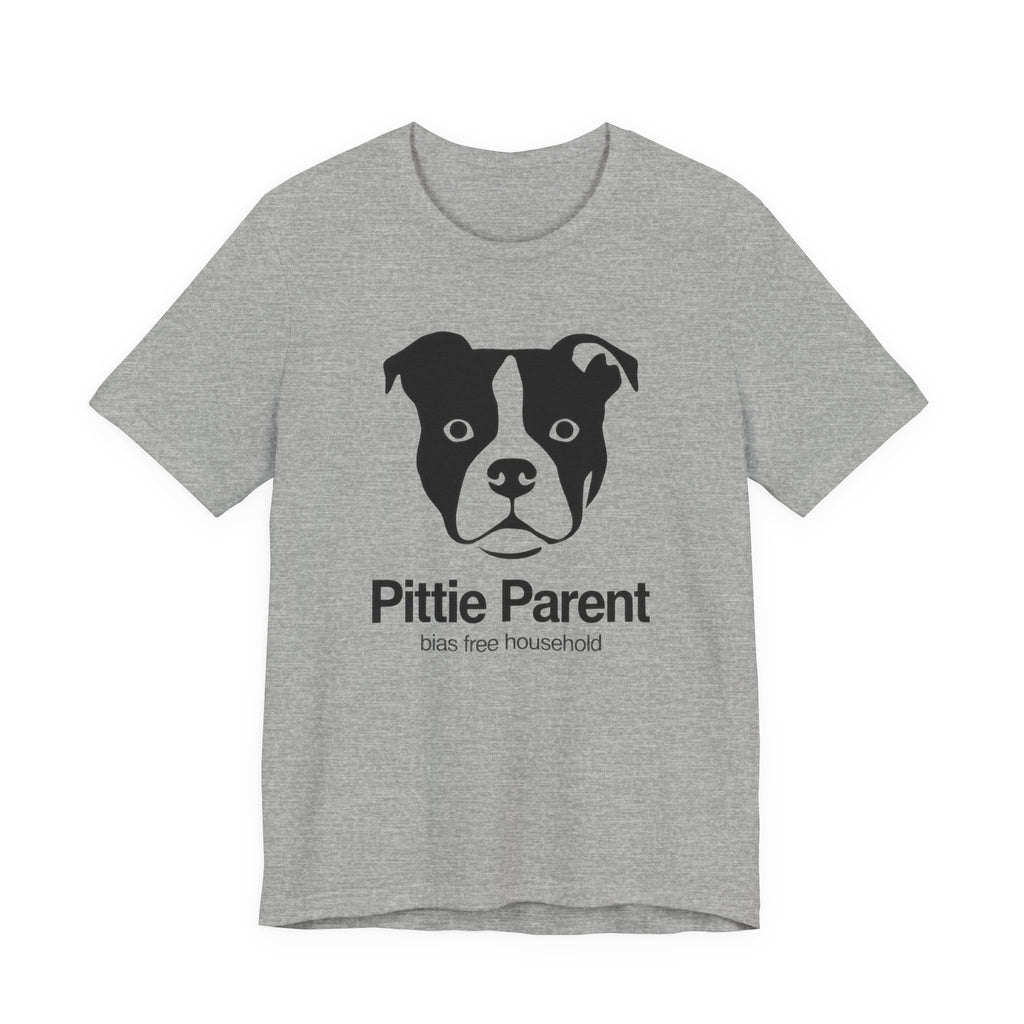 Gray t-shirt with a black dog illustration and text 'Pittie Parent bias free household' text on a white background