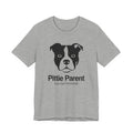 Gray t-shirt with a black dog illustration and text 'Pittie Parent bias free household' text on a white background