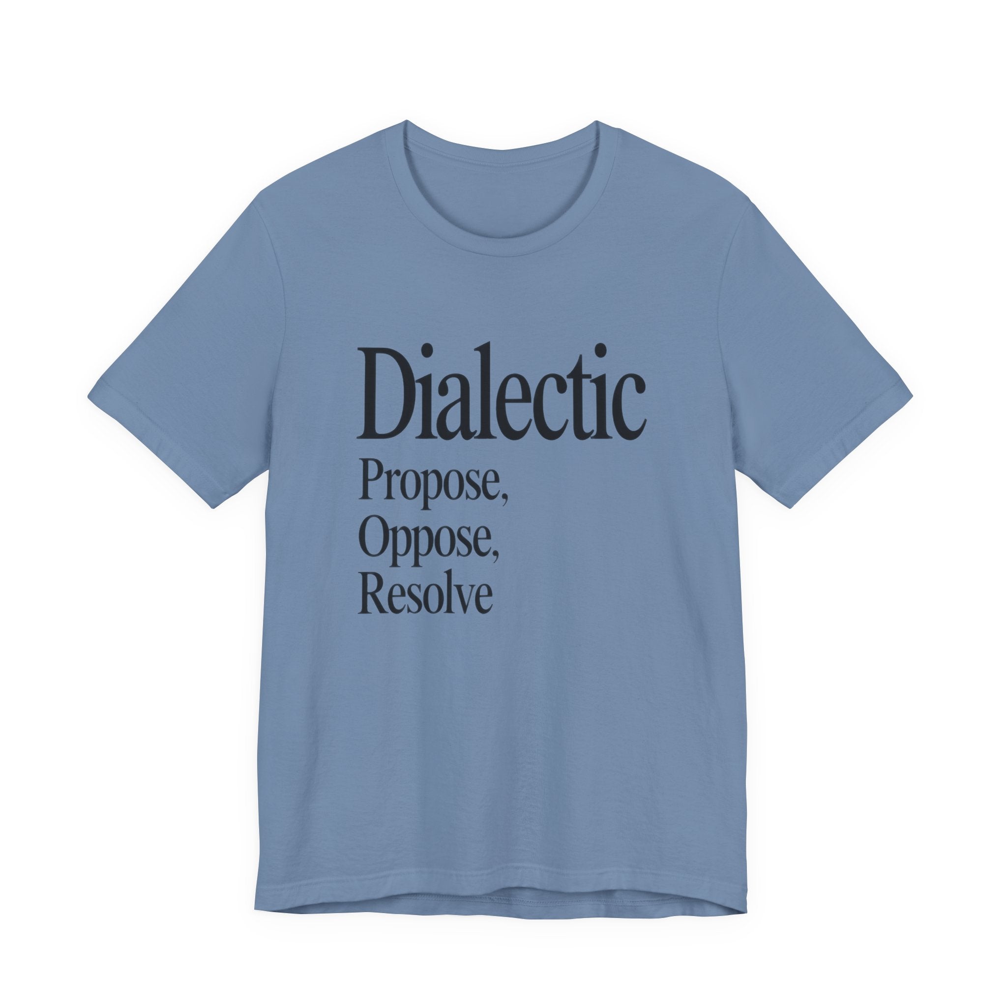 Blue t-shirt with black 'Dialectic' text on a white background