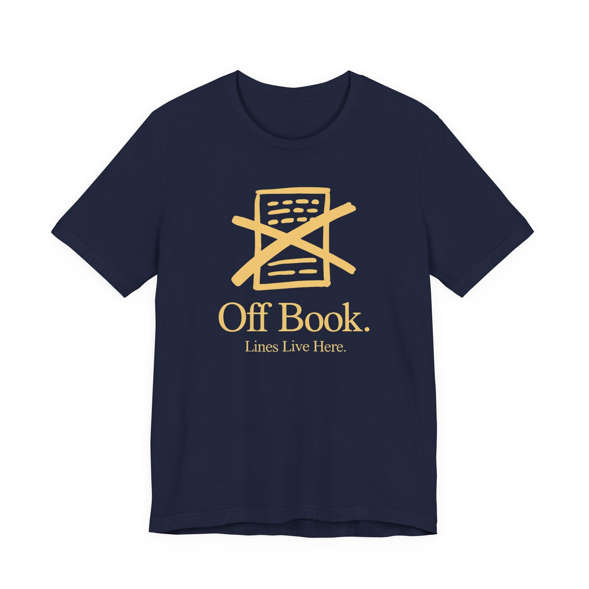Navy blue t-shirt with 'Off Book. Lines Live Here.' text and logo on a white background