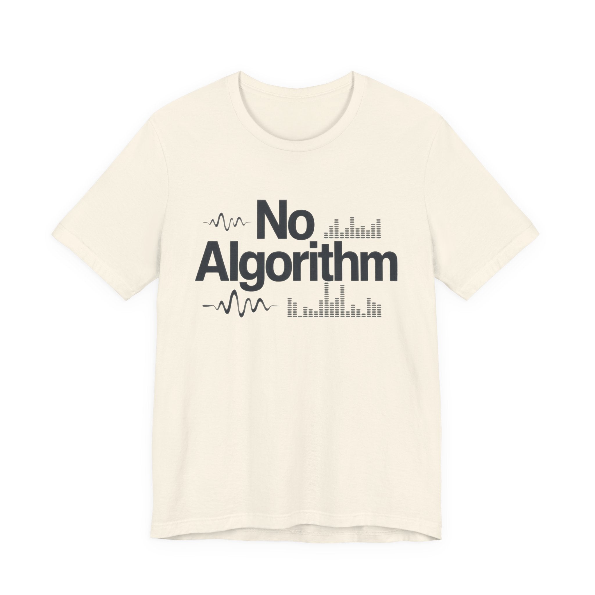 Beige t-shirt with black text on a white background