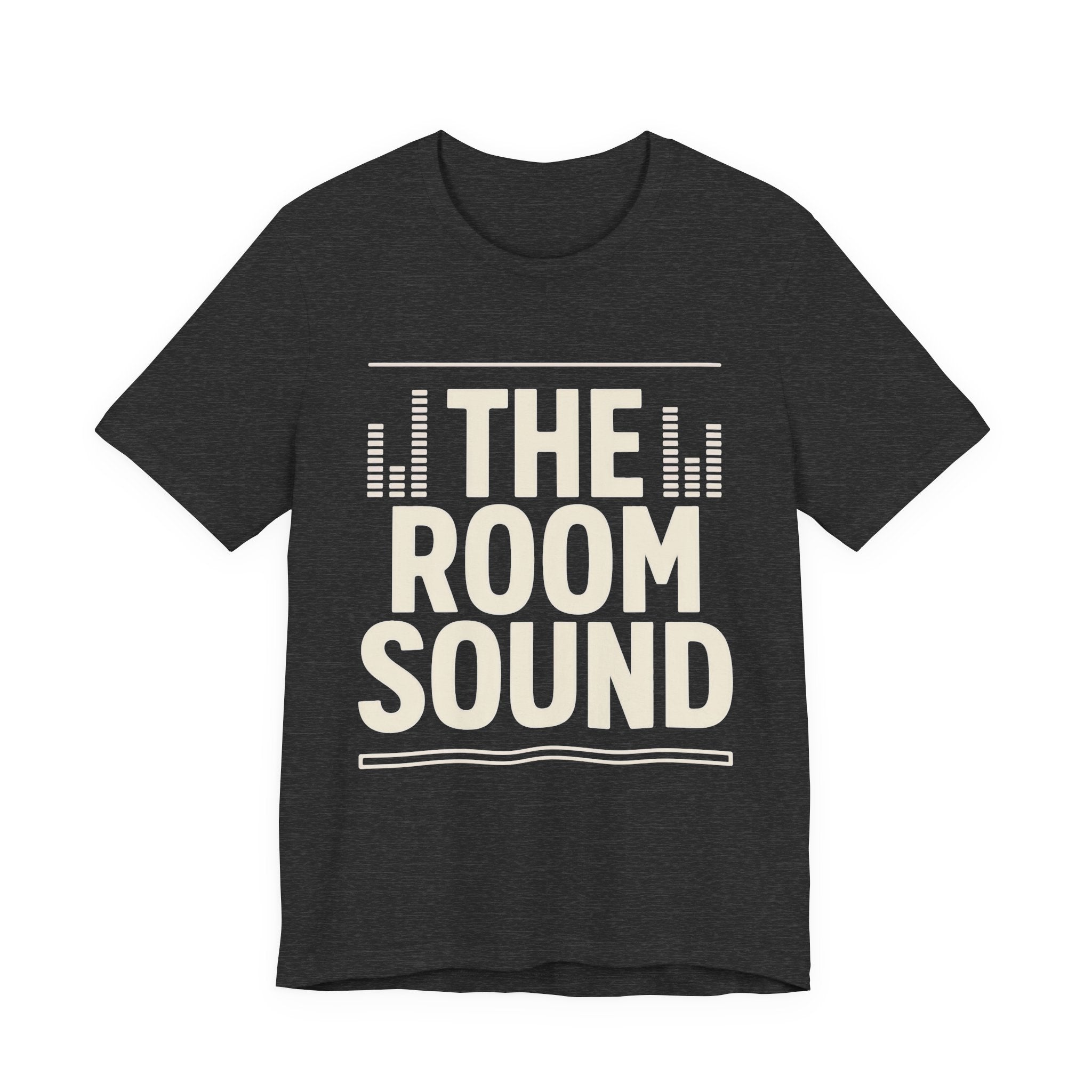 Black t-shirt with 'The Room Sound' text on a white background