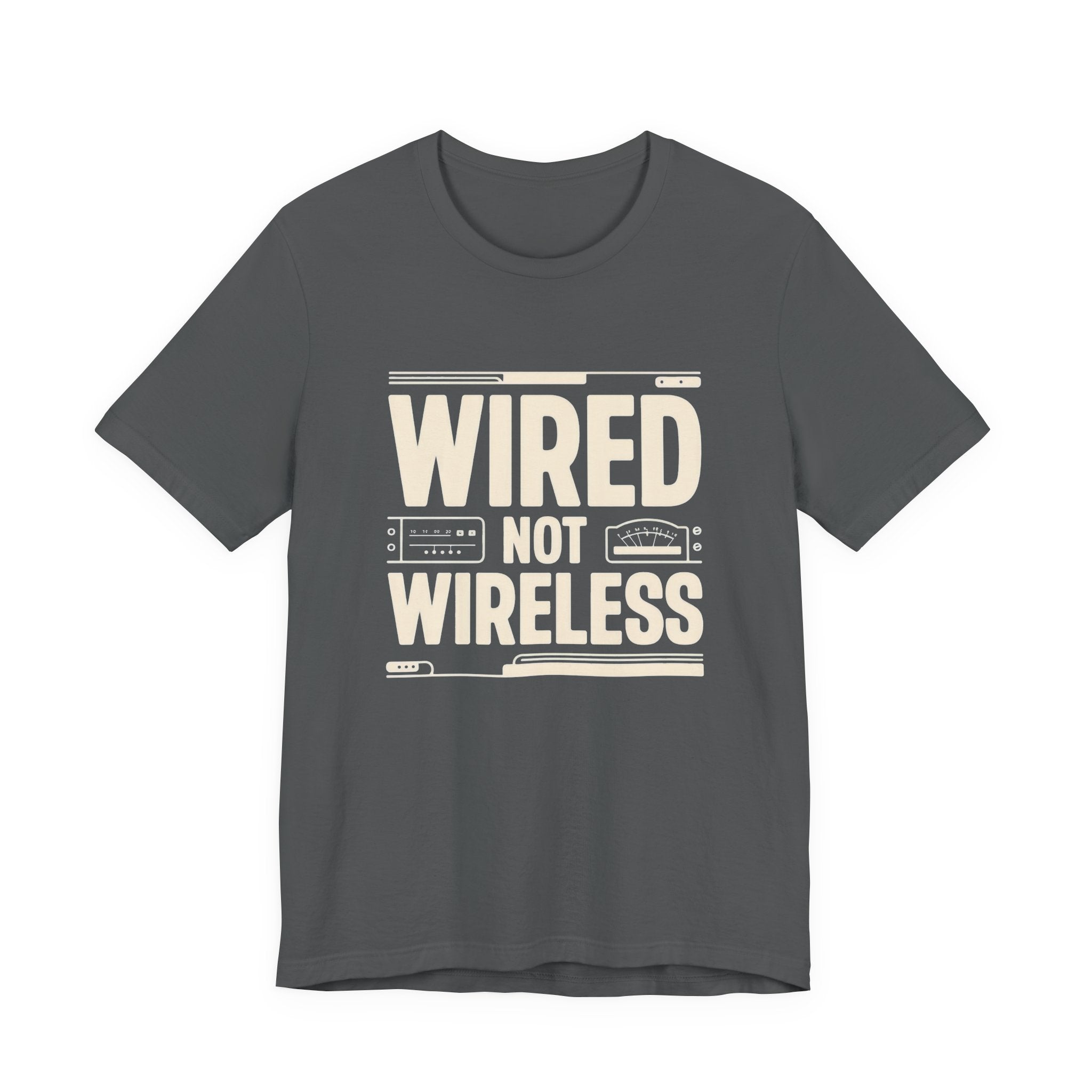 Gray t-shirt with 'WIRED NOT WIRELESS' text on a white background