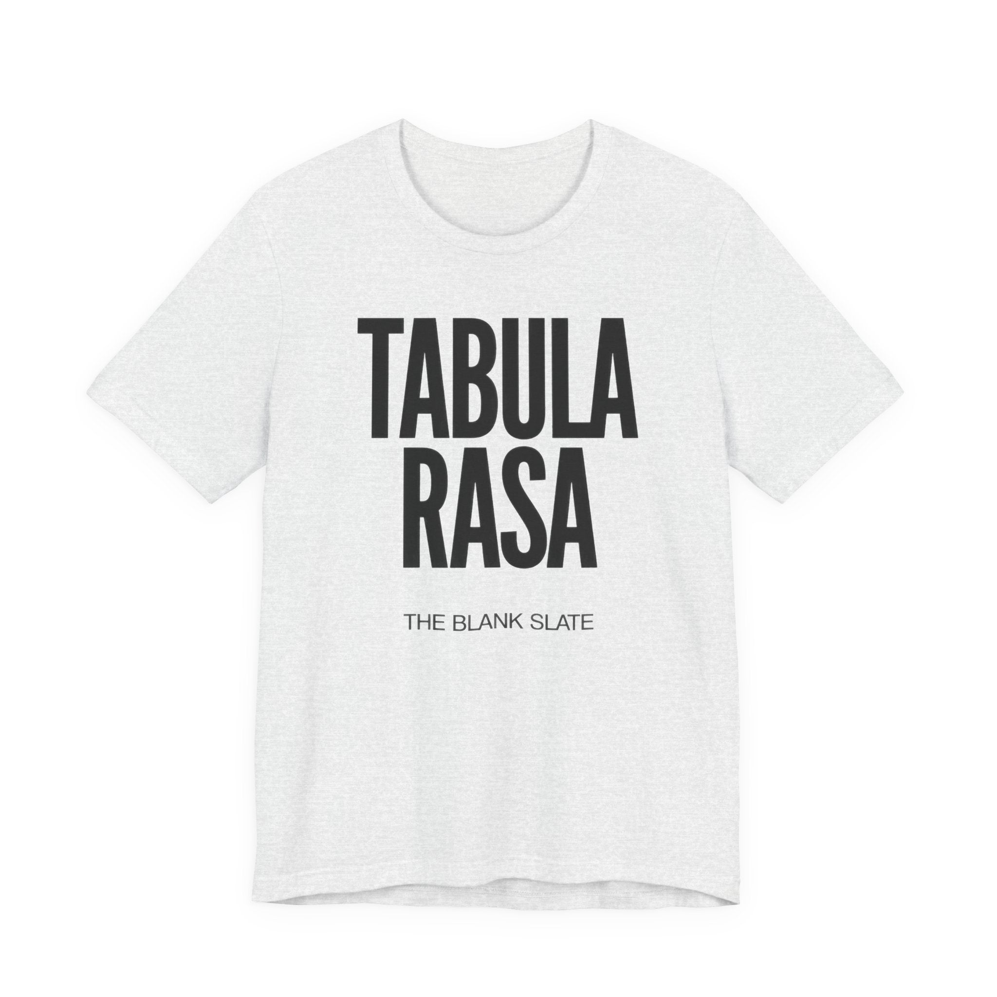 White t-shirt with 'TABULA RASA' text on a white background
