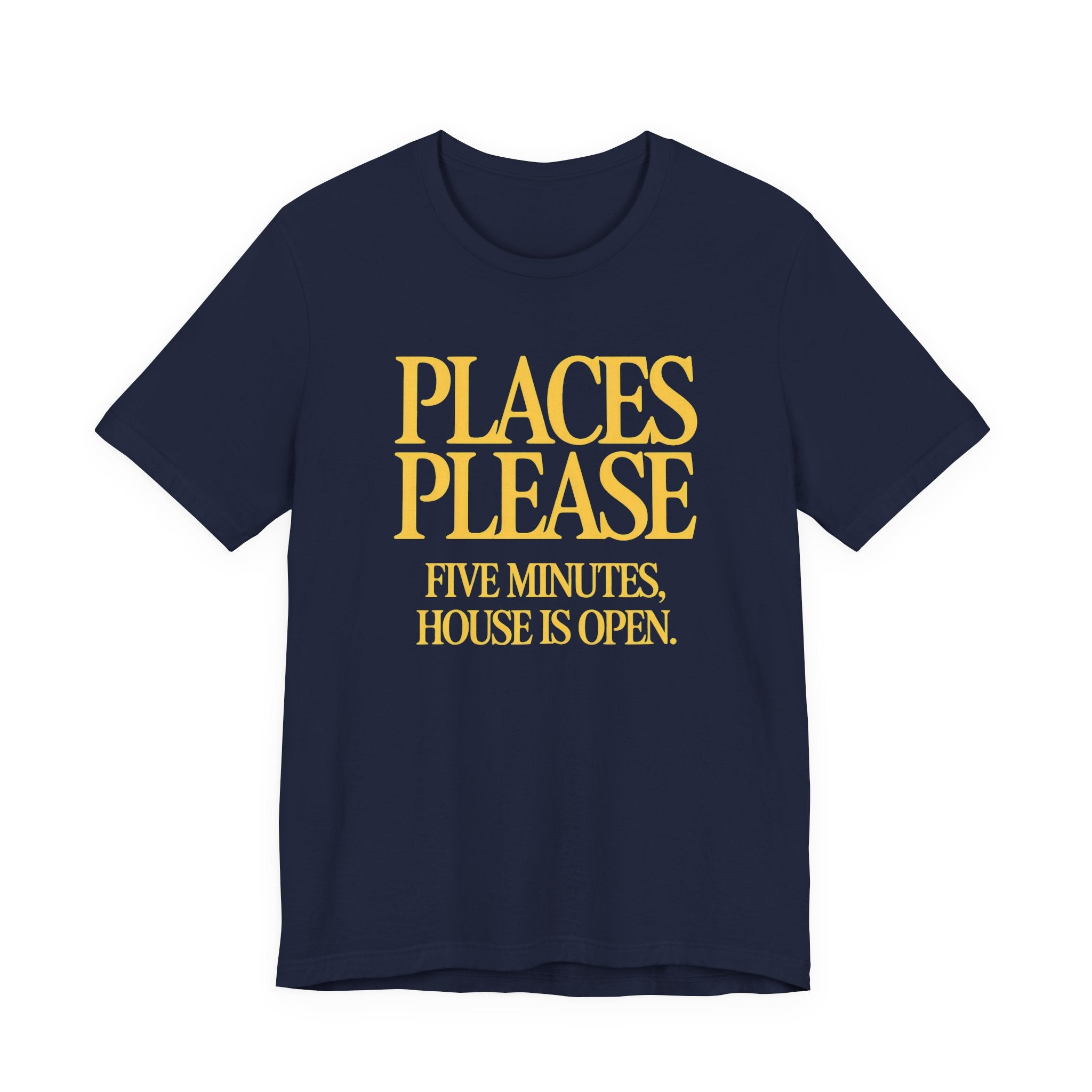 Navy t-shirt with yellow 'Places Please' text on a white background