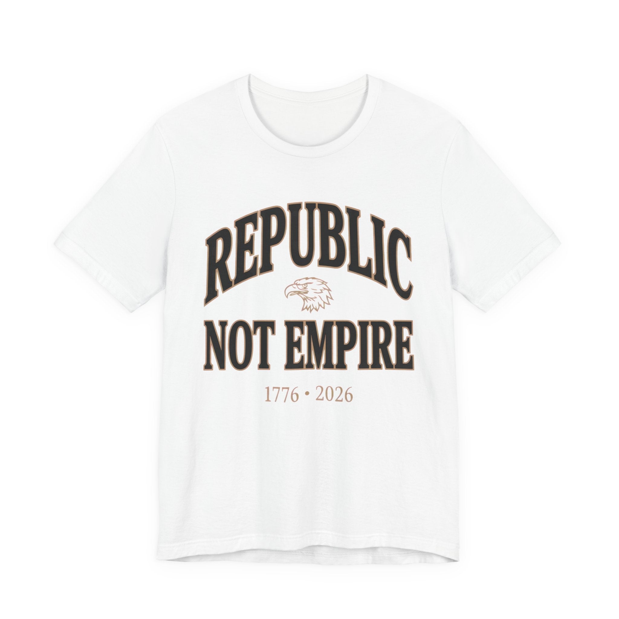 White t-shirt with 'Republic Not Empire' text and eagle graphic on a white background
