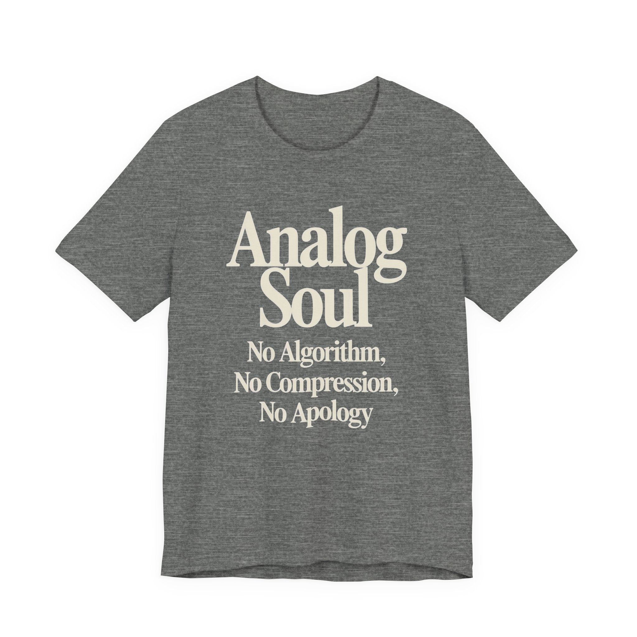 Gray t-shirt with white text and graphic on a white background