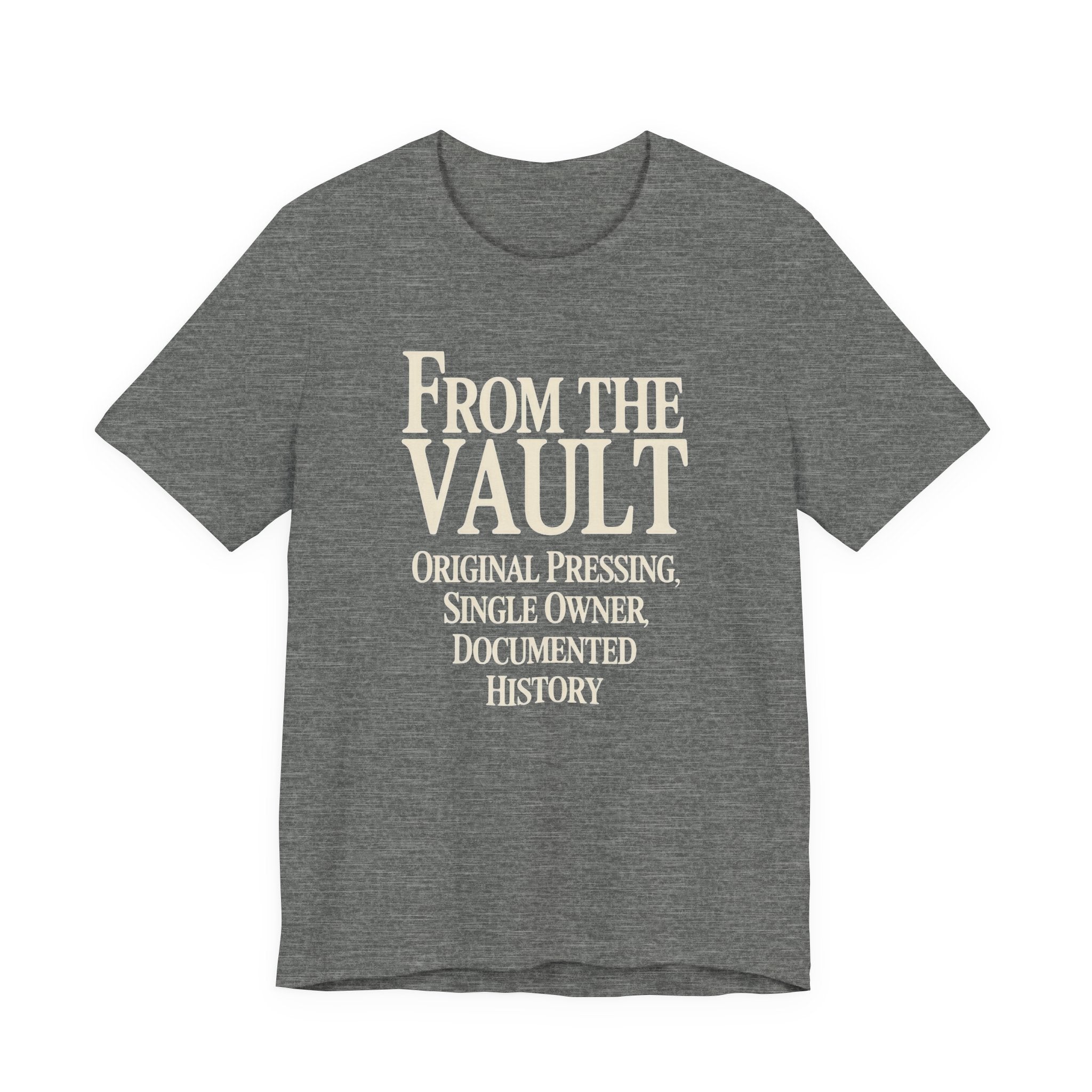 Gray t-shirt with beige text 'From the Vault' on a white background