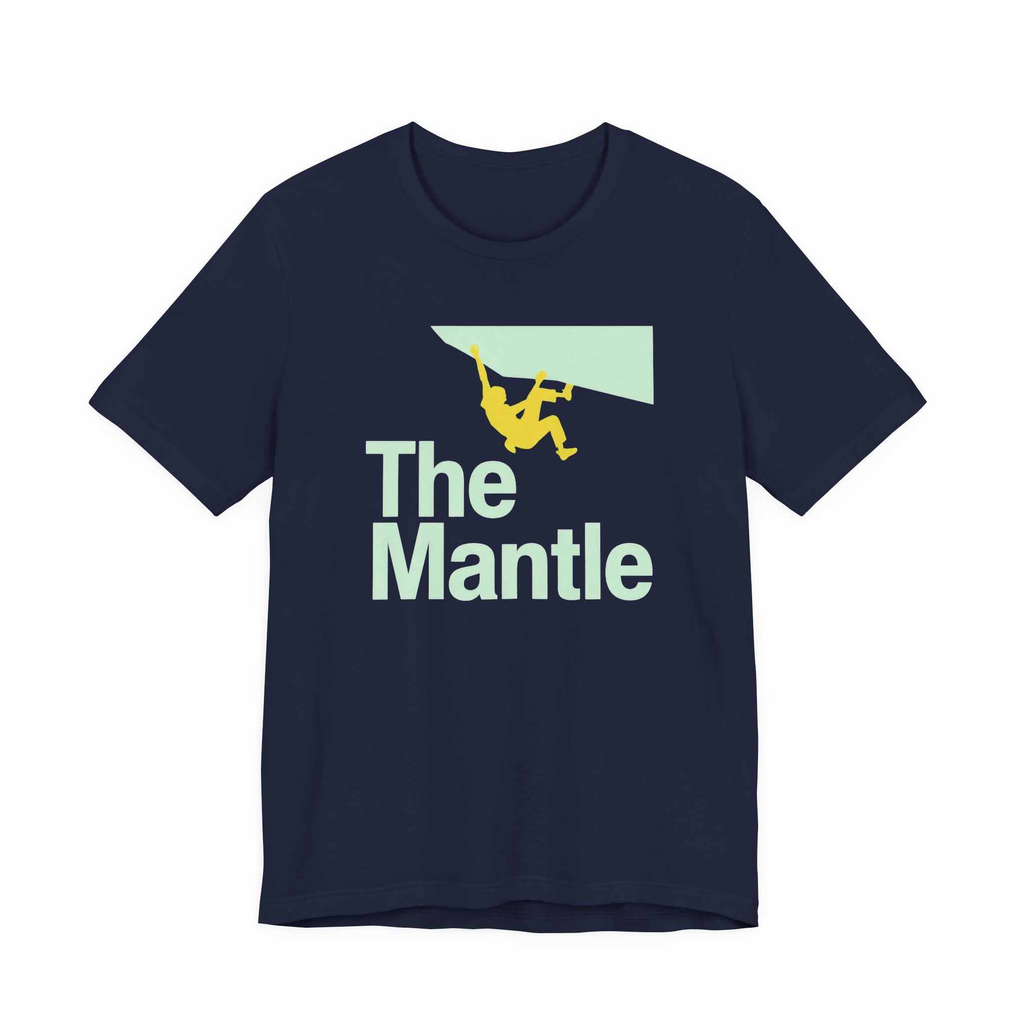 Navy t-shirt with 'The Mantle' graphic design on a white background