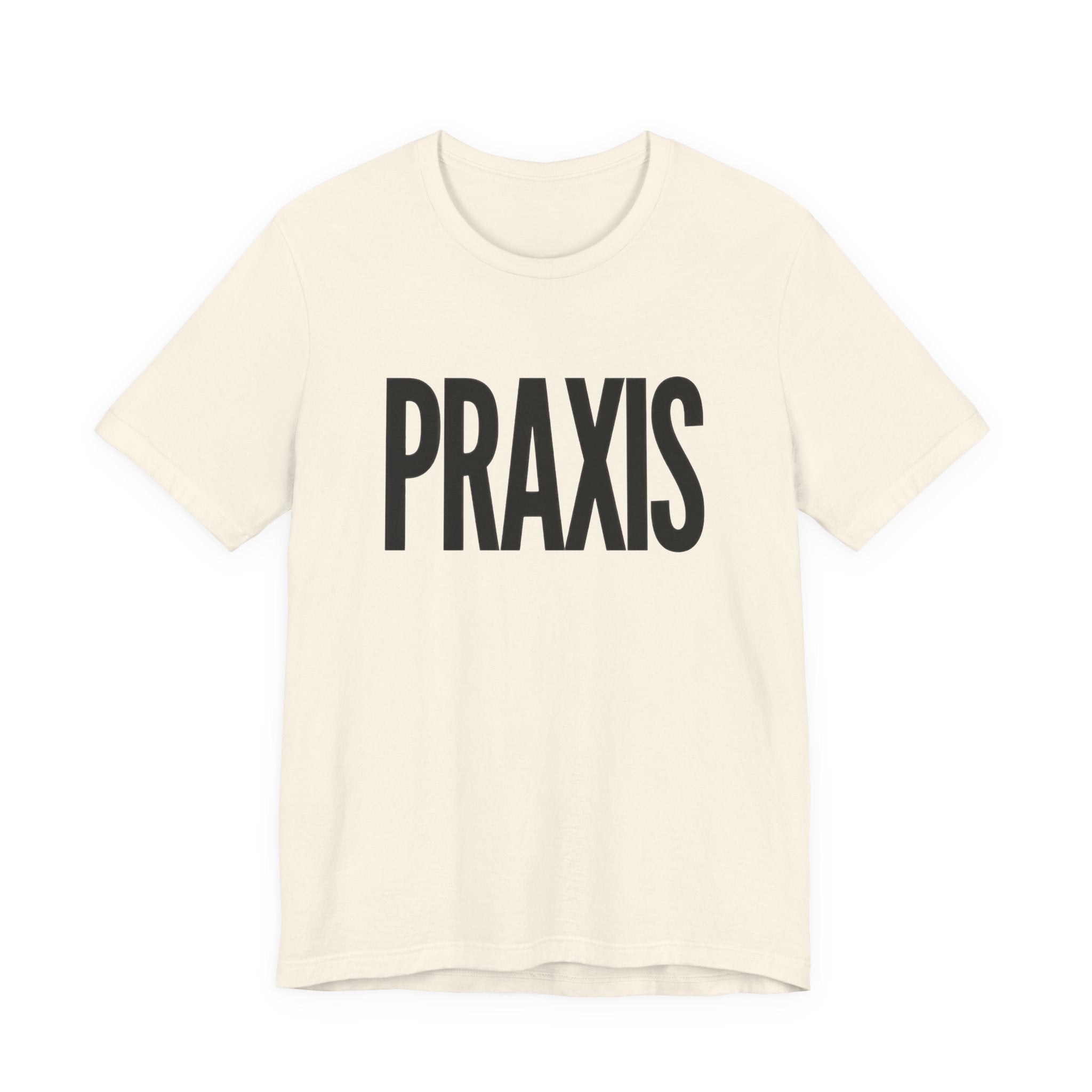 Beige t-shirt with 'PRAXIS' text on a white background
