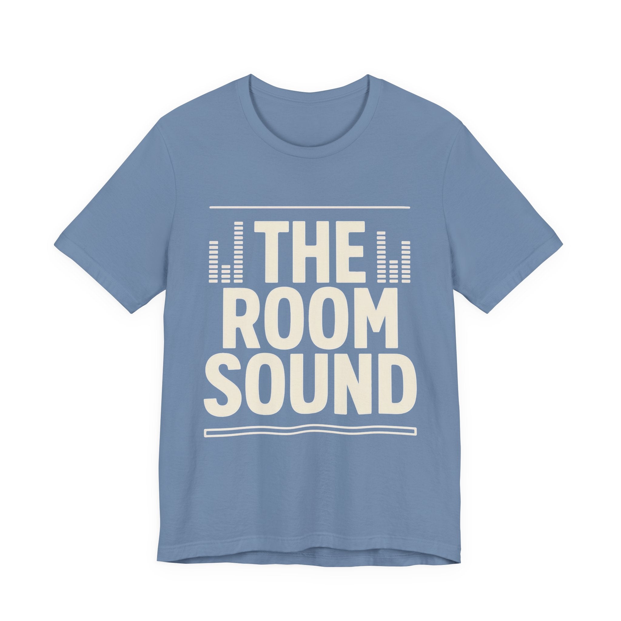 Blue t-shirt with 'The Room Sound' text on a white background