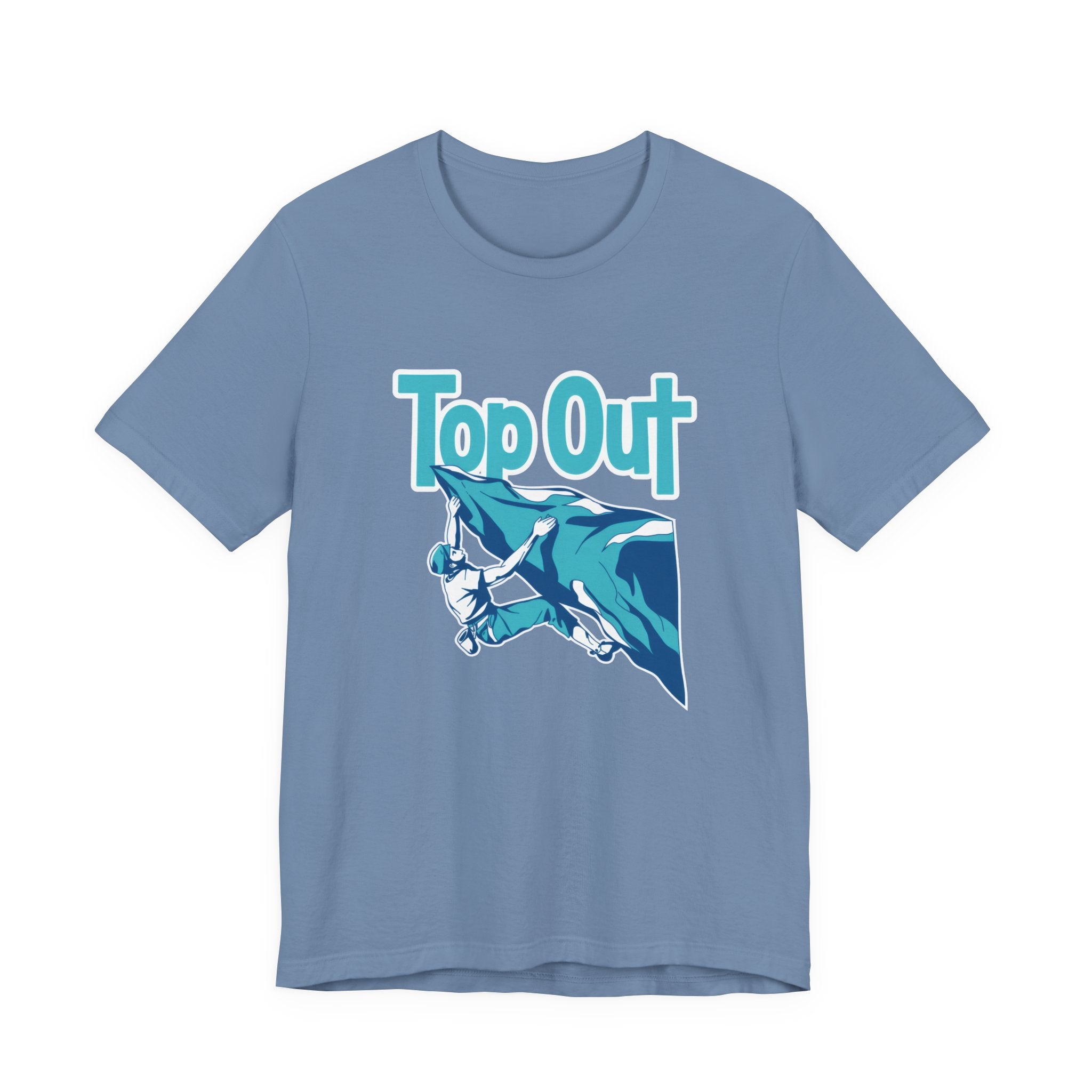 Blue t-shirt with a graphic of a climber and 'Top Out' text on a white background