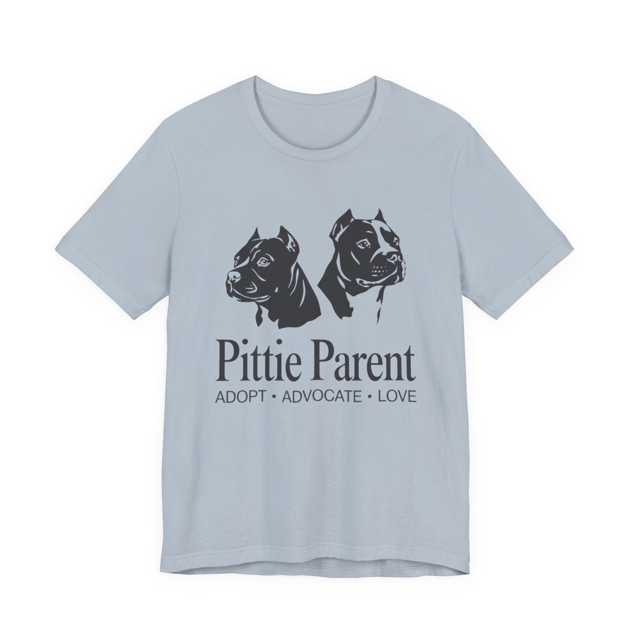 Light blue t-shirt with black dog illustrations and 'Pittie Parent' text on a white background
