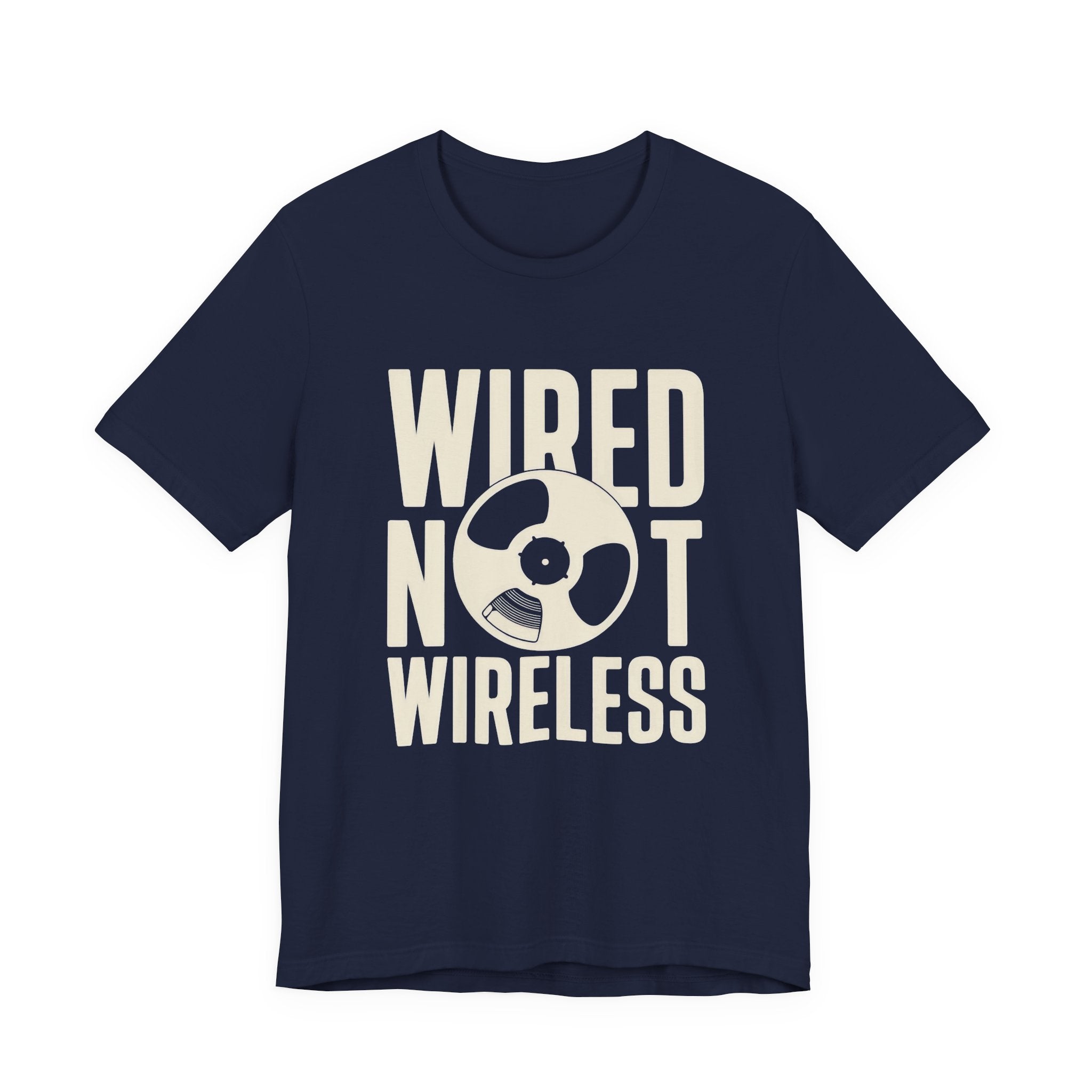 Navy t-shirt with 'Wired Not Wireless' text on a white background