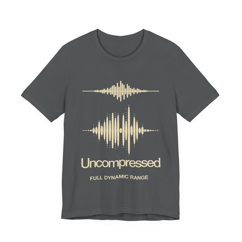 Gray t-shirt with beige sound wave design and 'Uncompressed Full Dynamic Range' text.