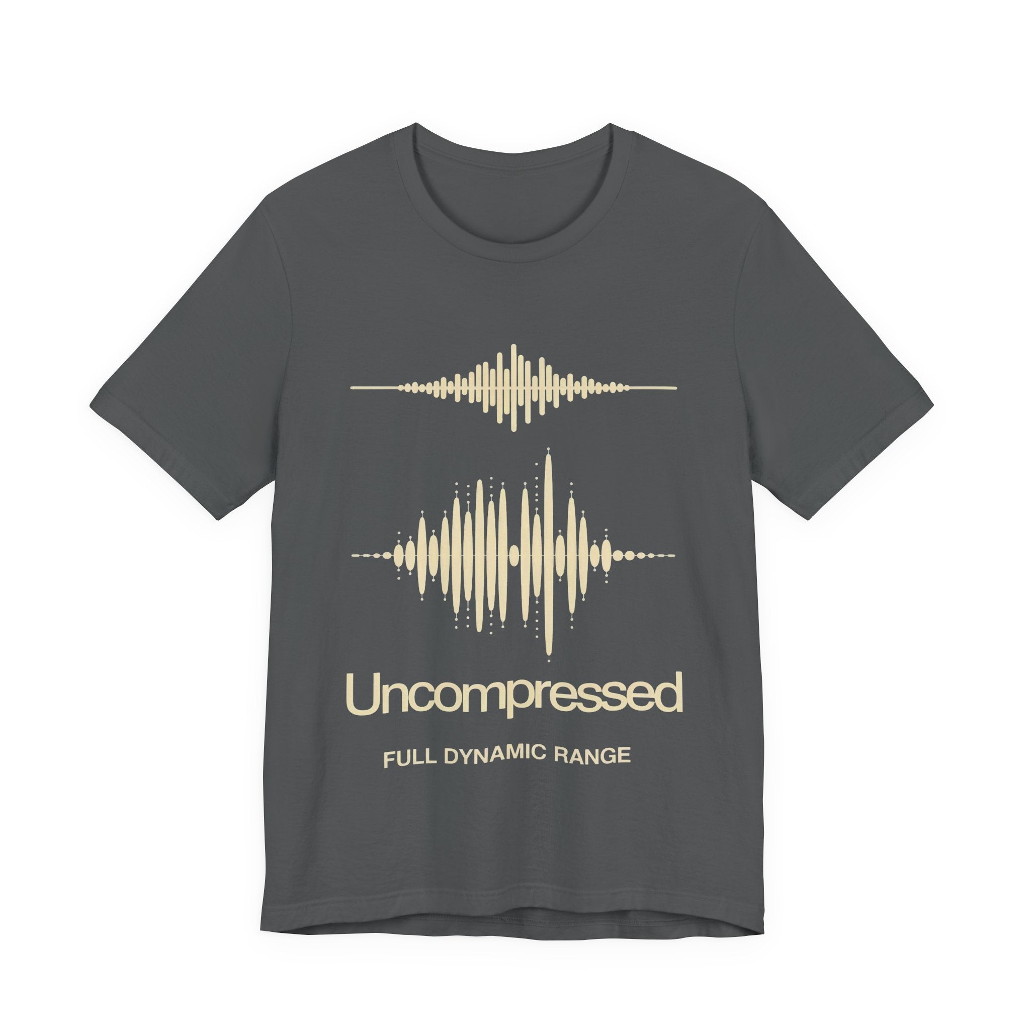 Gray t-shirt with beige sound wave design and 'Uncompressed Full Dynamic Range' text.