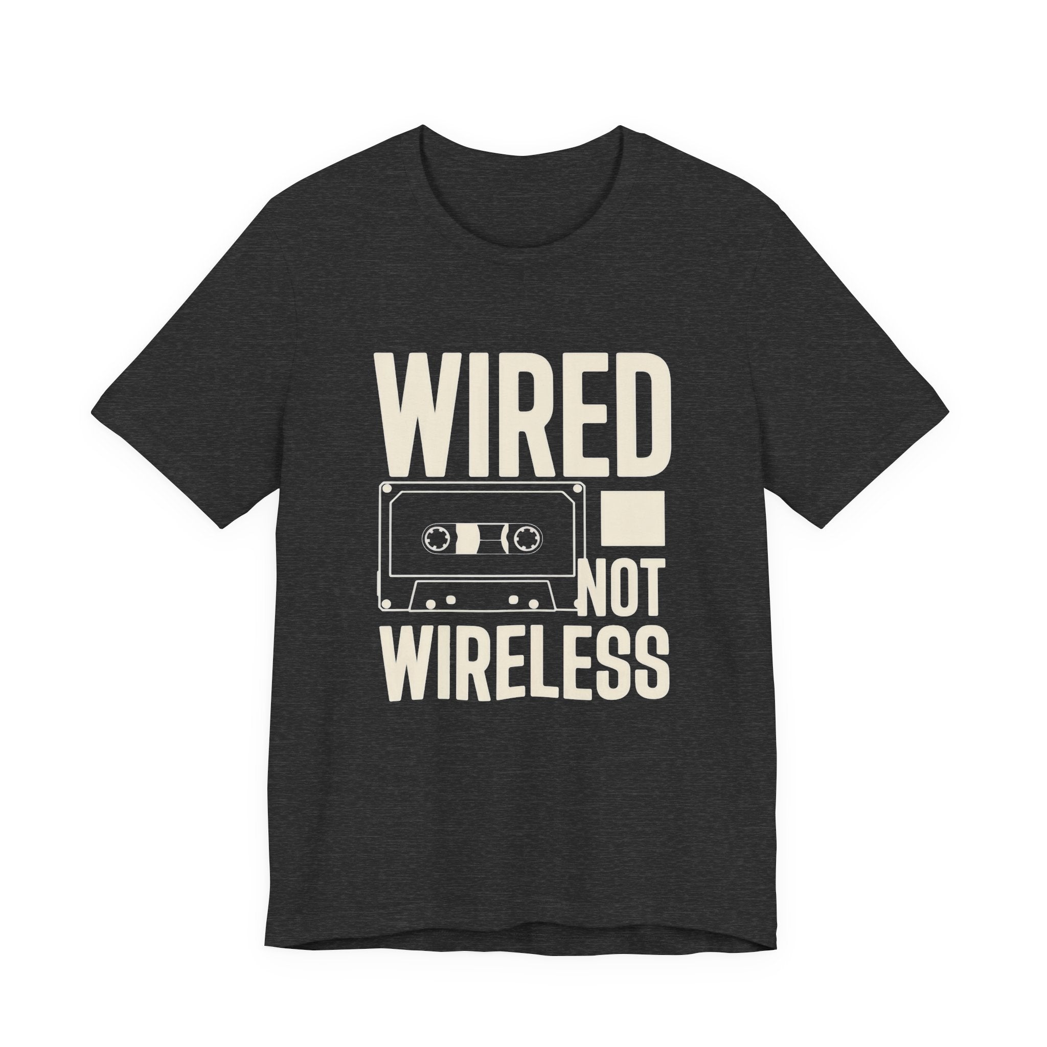 Dark gray t-shirt with 'WIRED NOT WIRELESS' text and cassette tape graphic on a white background