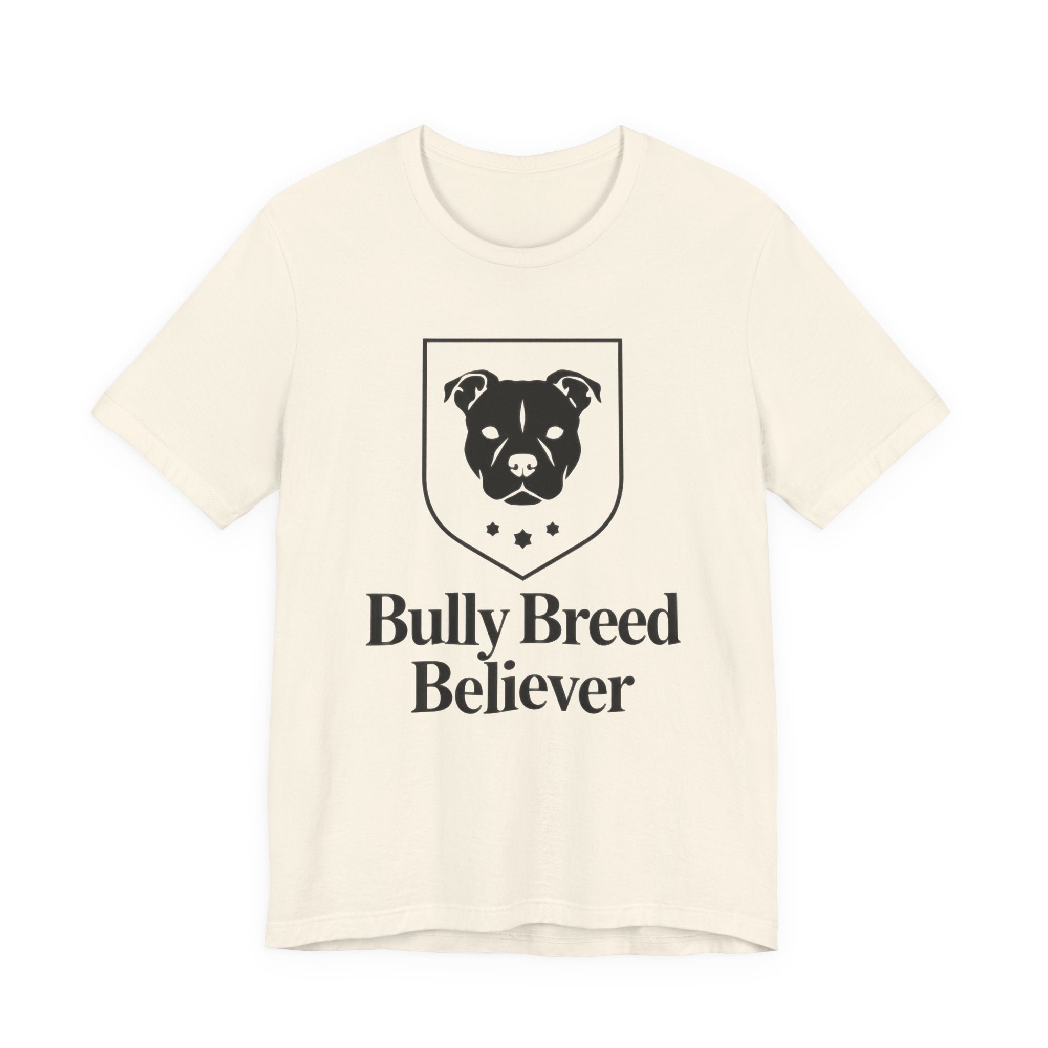 Beige t-shirt with 'Bully Breed Believer' graphic on a white background