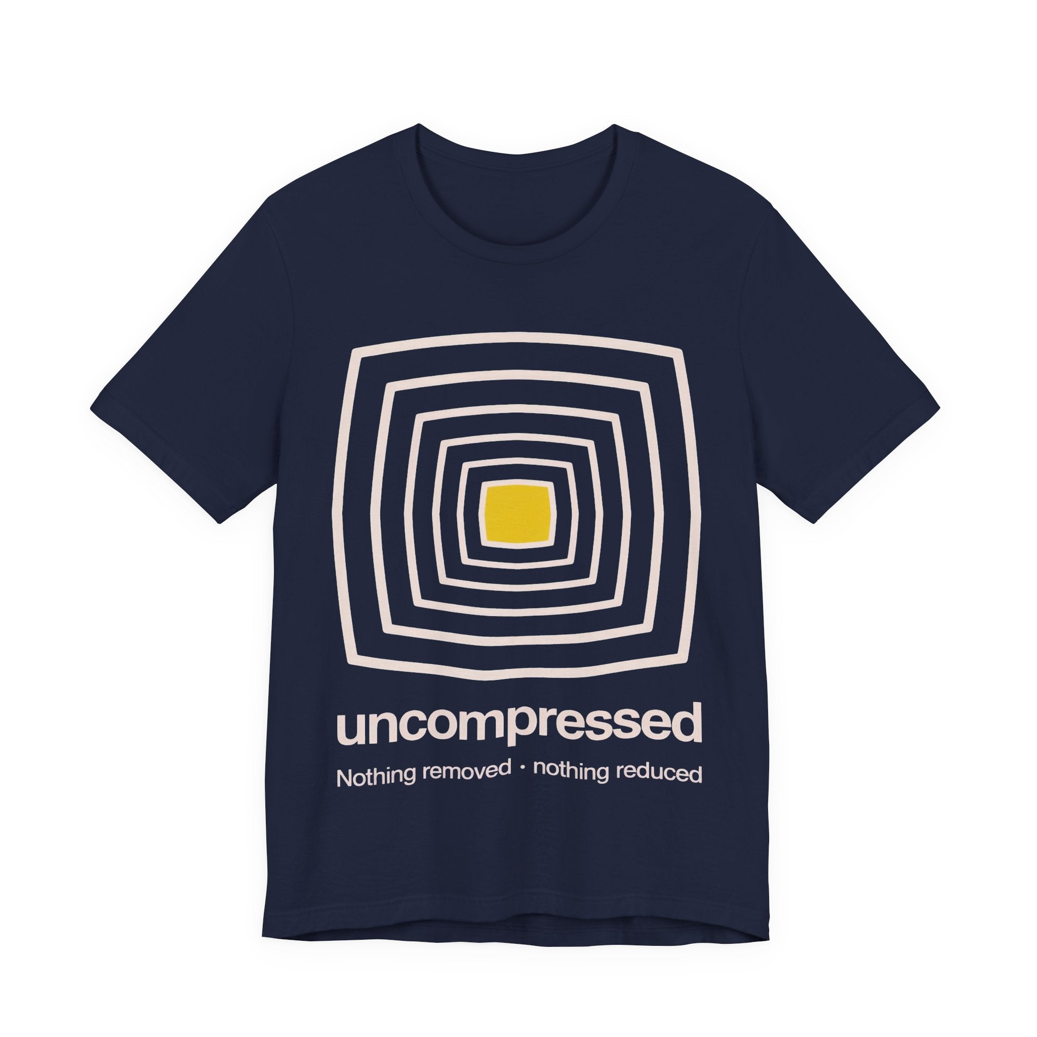 Navy t-shirt with geometric design and text 'uncompressed' on a white background