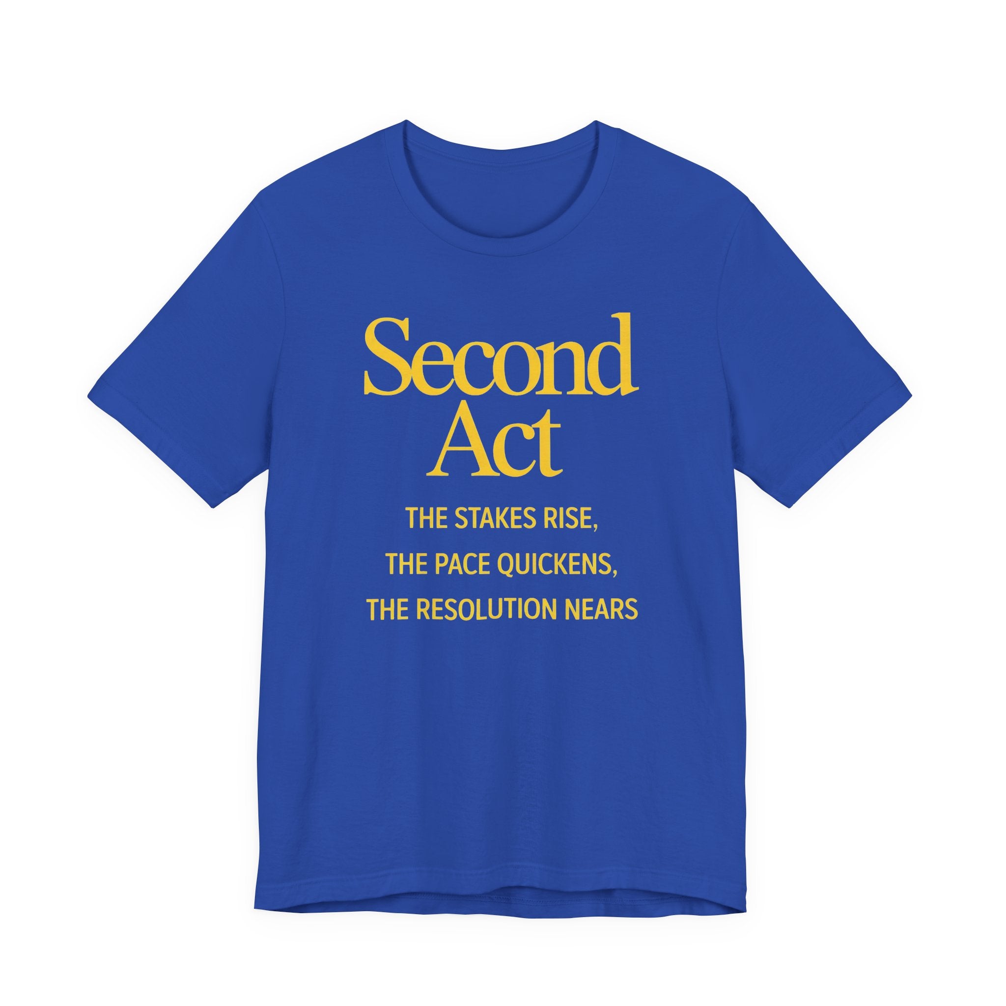 Blue t-shirt with 'SECOND ACT' text on a white background