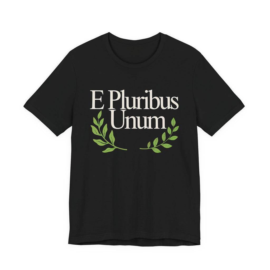 Black t-shirt with 'E Pluribus Unum' text and green laurel leaves 