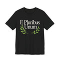Black t-shirt with 'E Pluribus Unum' text and green laurel leaves 