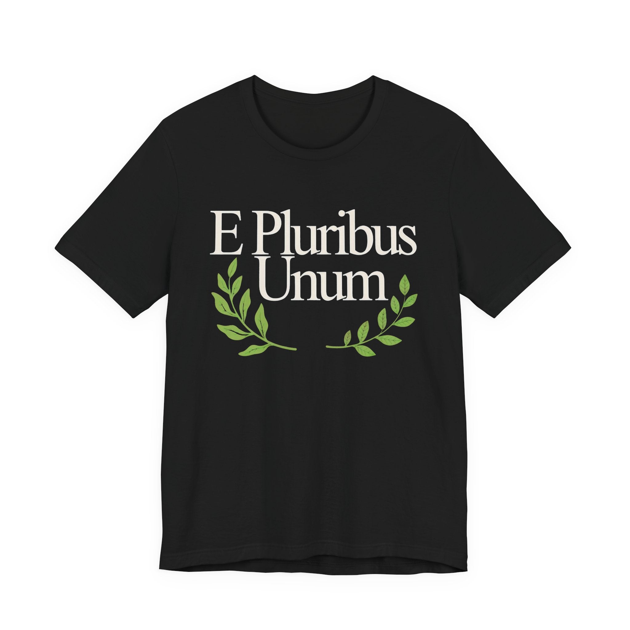 Black t-shirt with 'E Pluribus Unum' text and green laurel leaves 