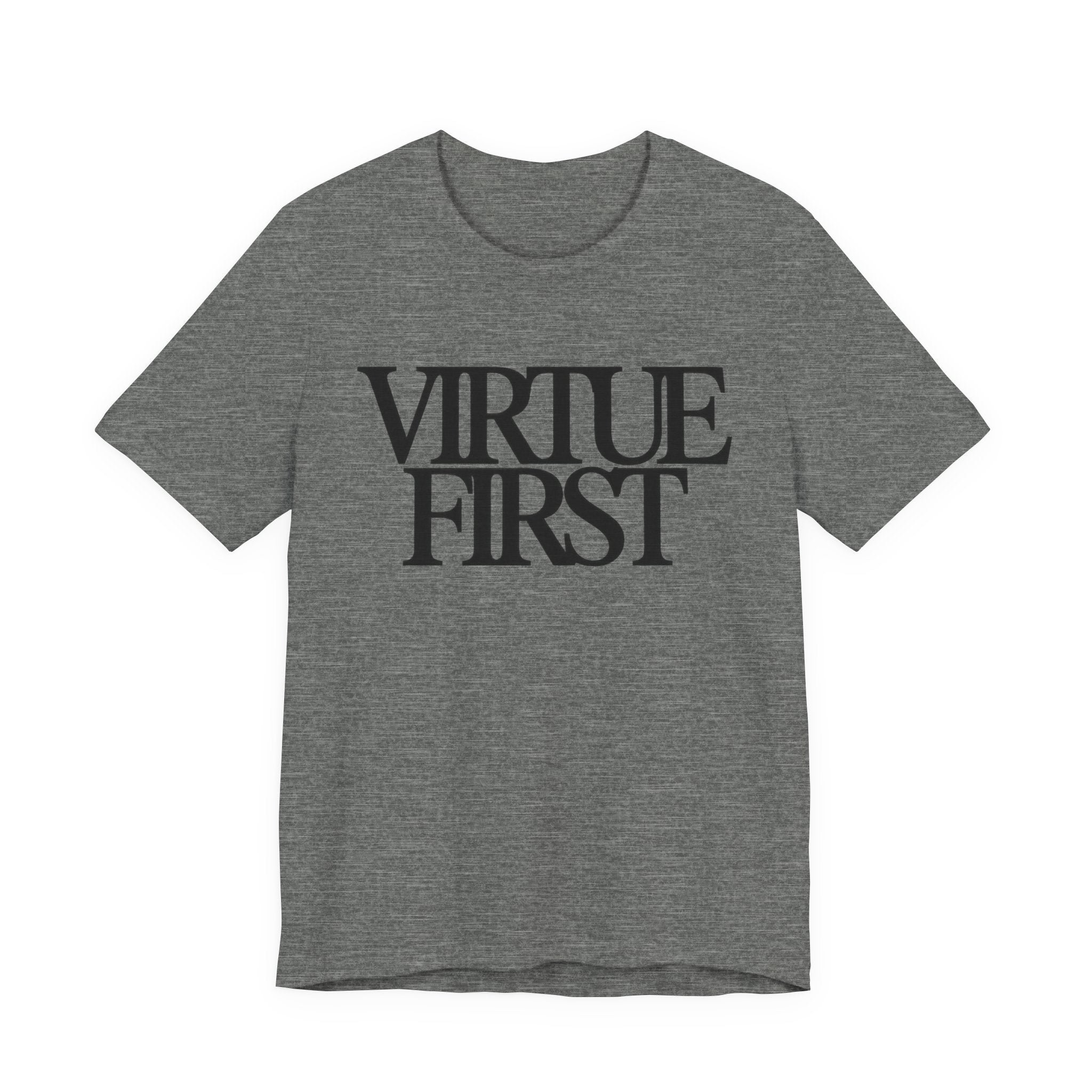 Grey t-shirt with 'Virtue First' text on a white background