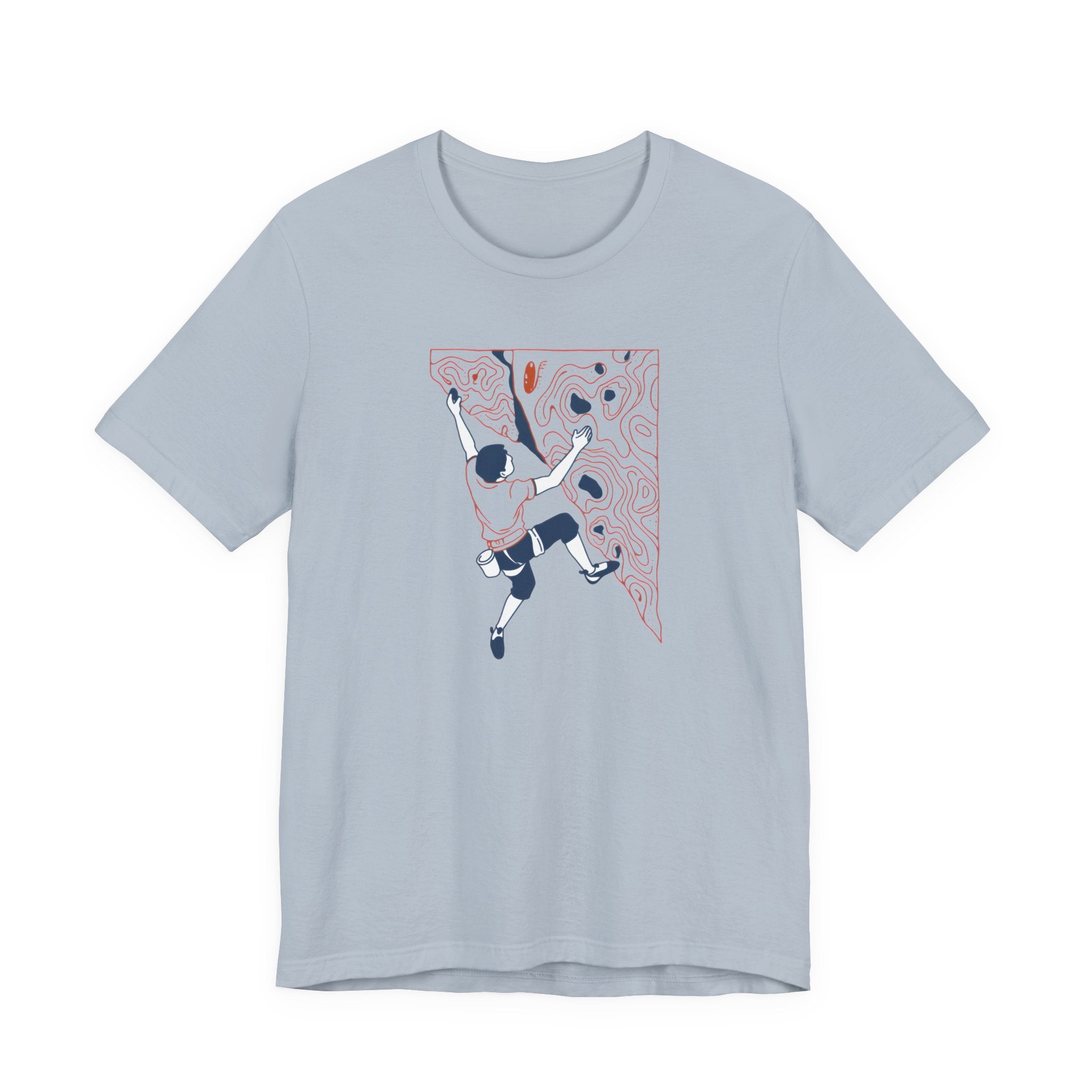 Light Blue t-shirt with illustration of a person climbing a rock wall on a white background