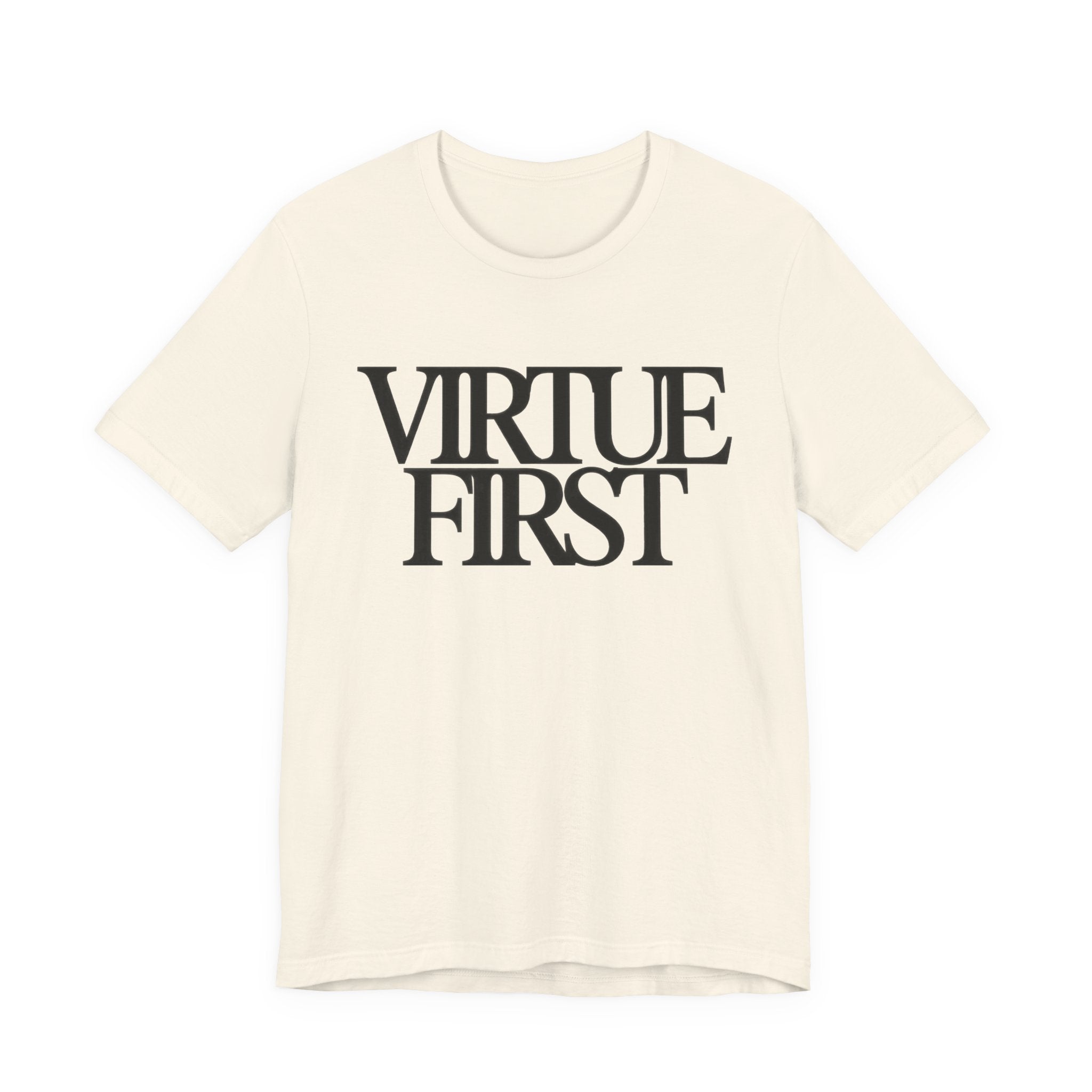 Beige t-shirt with 'Virtue First' text on a white background