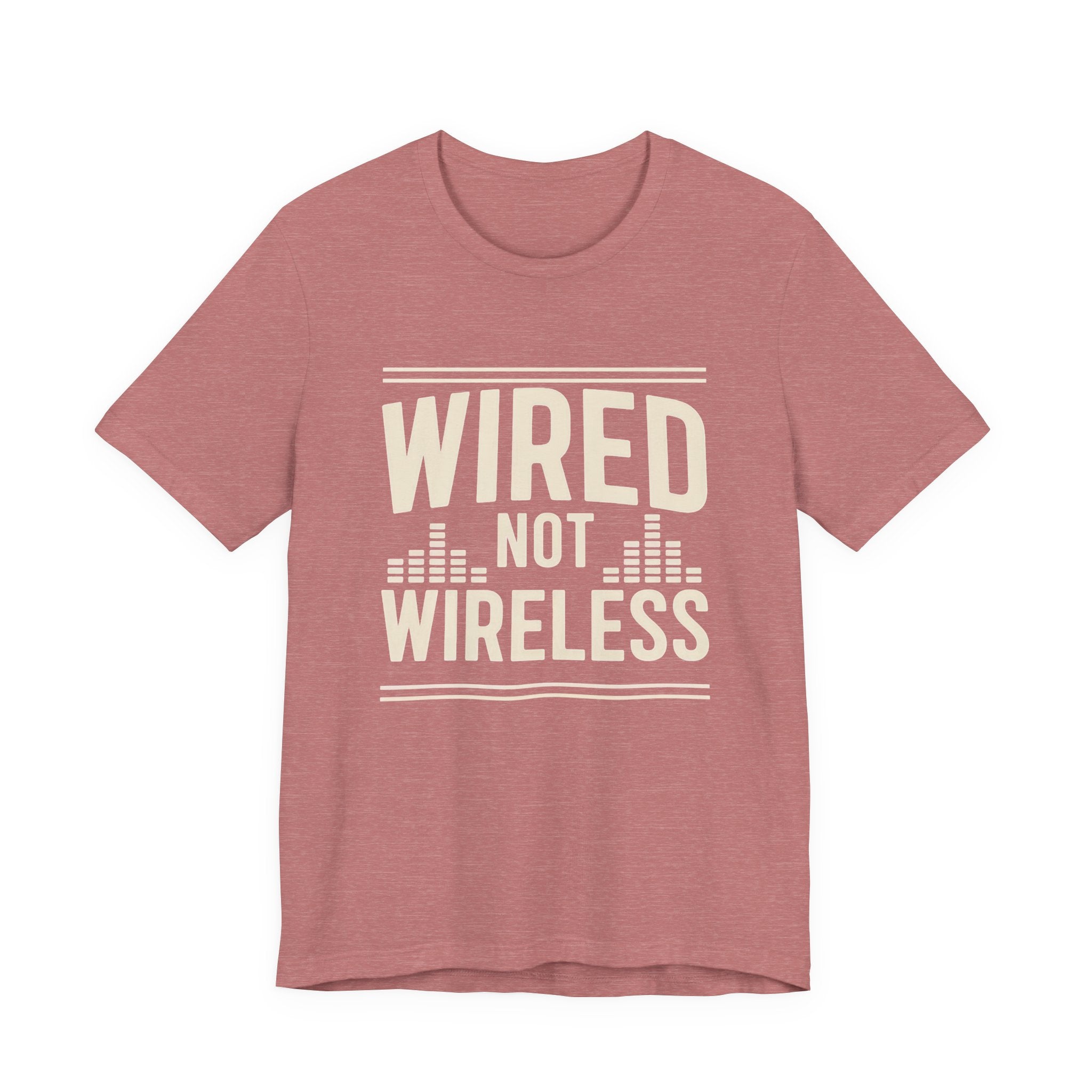 Red t-shirt with 'WIRED NOT WIRELESS' text on a white background