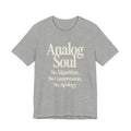 Gray t-shirt with 'Analog Soul' text on a white background