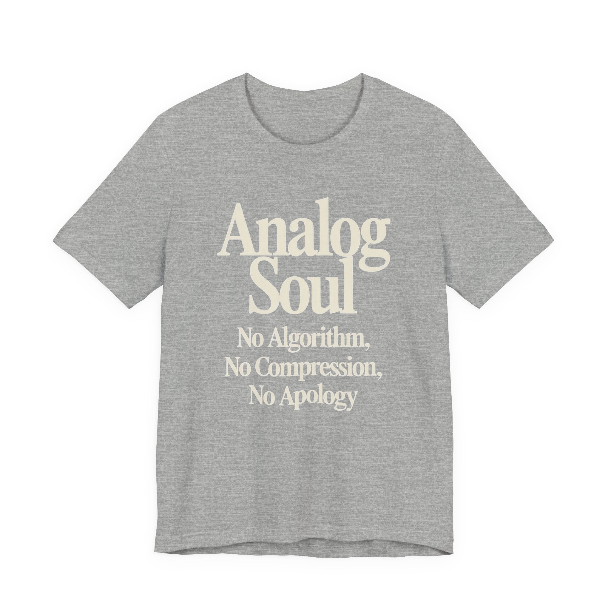 Gray t-shirt with 'Analog Soul' text on a white background