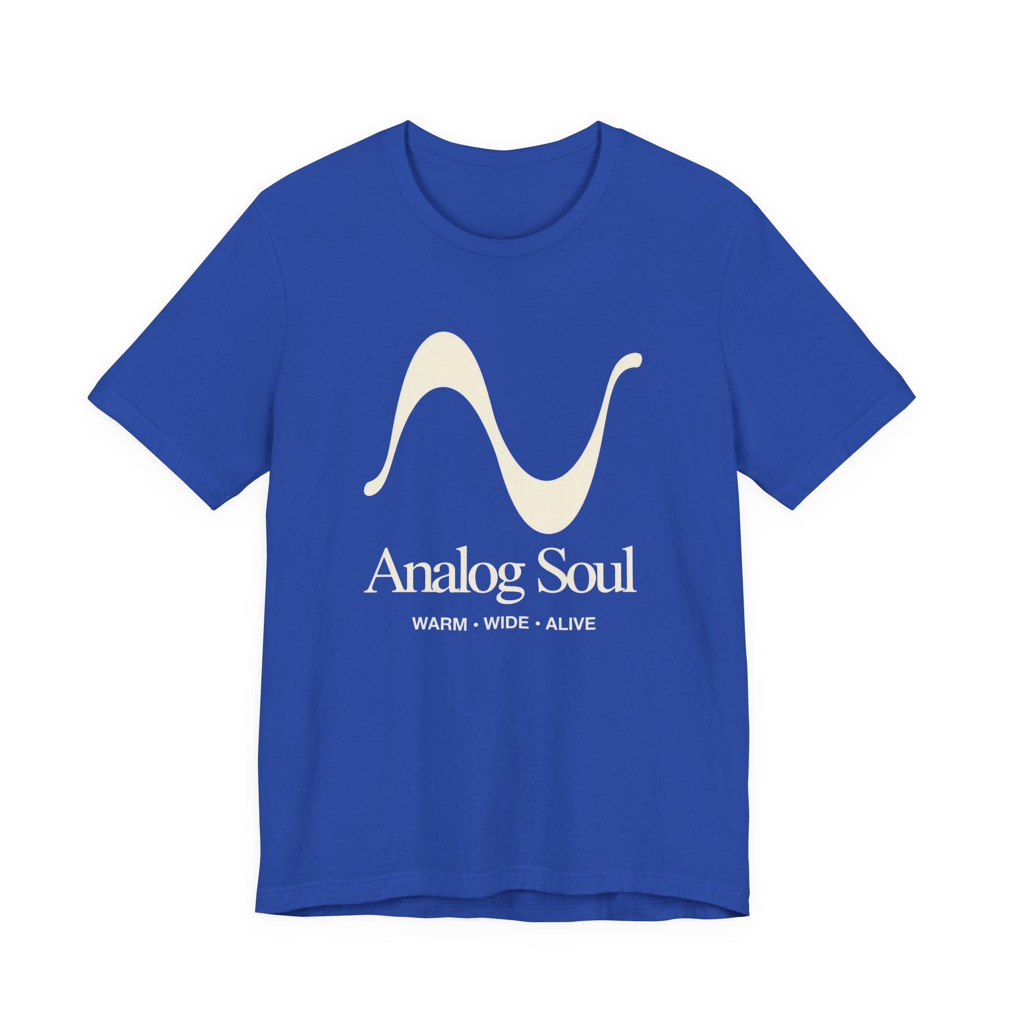 Blue t-shirt with 'Analog Soul' logo and text on a white background
