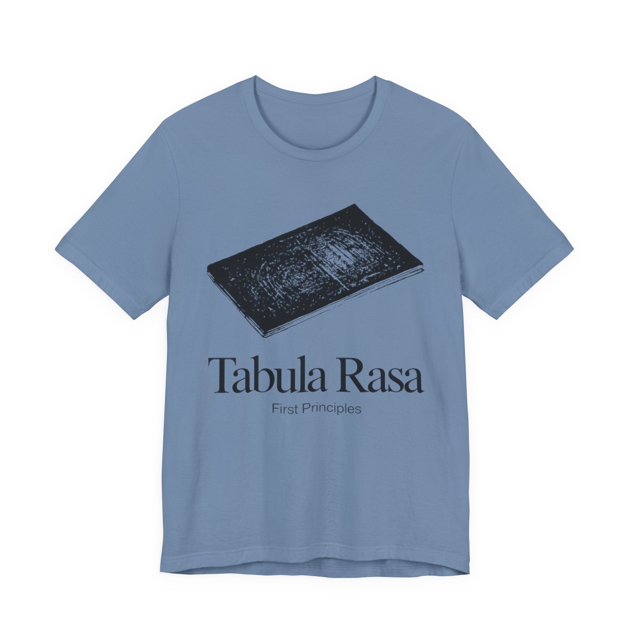Blue t-shirt with 'Tabula Rasa' graphic and text on a white background