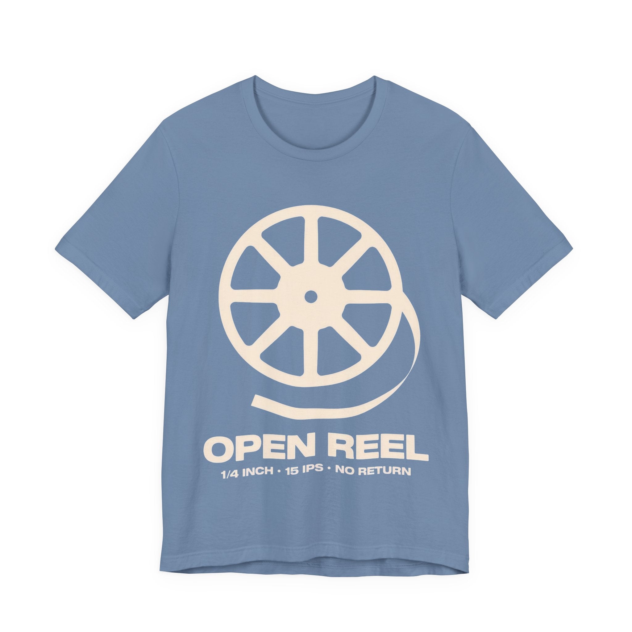 Blue t-shirt with a white reel-to-reel tape graphic and text on a white background