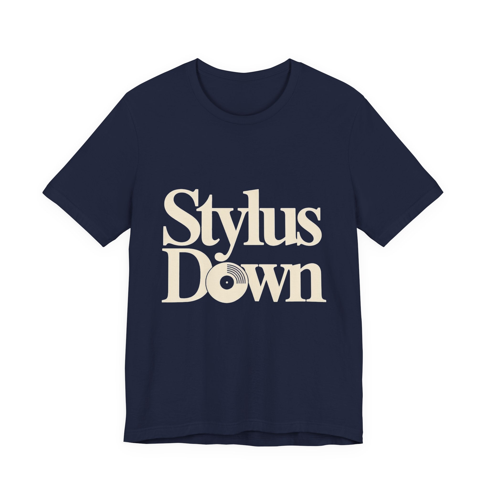 Navy t-shirt with 'Stylus Down' text on a white background