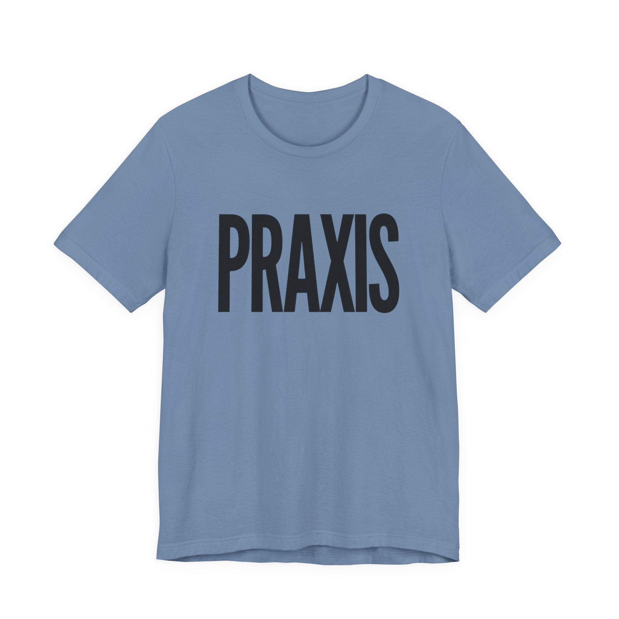 Blue t-shirt with 'PRAXIS' text on a white background