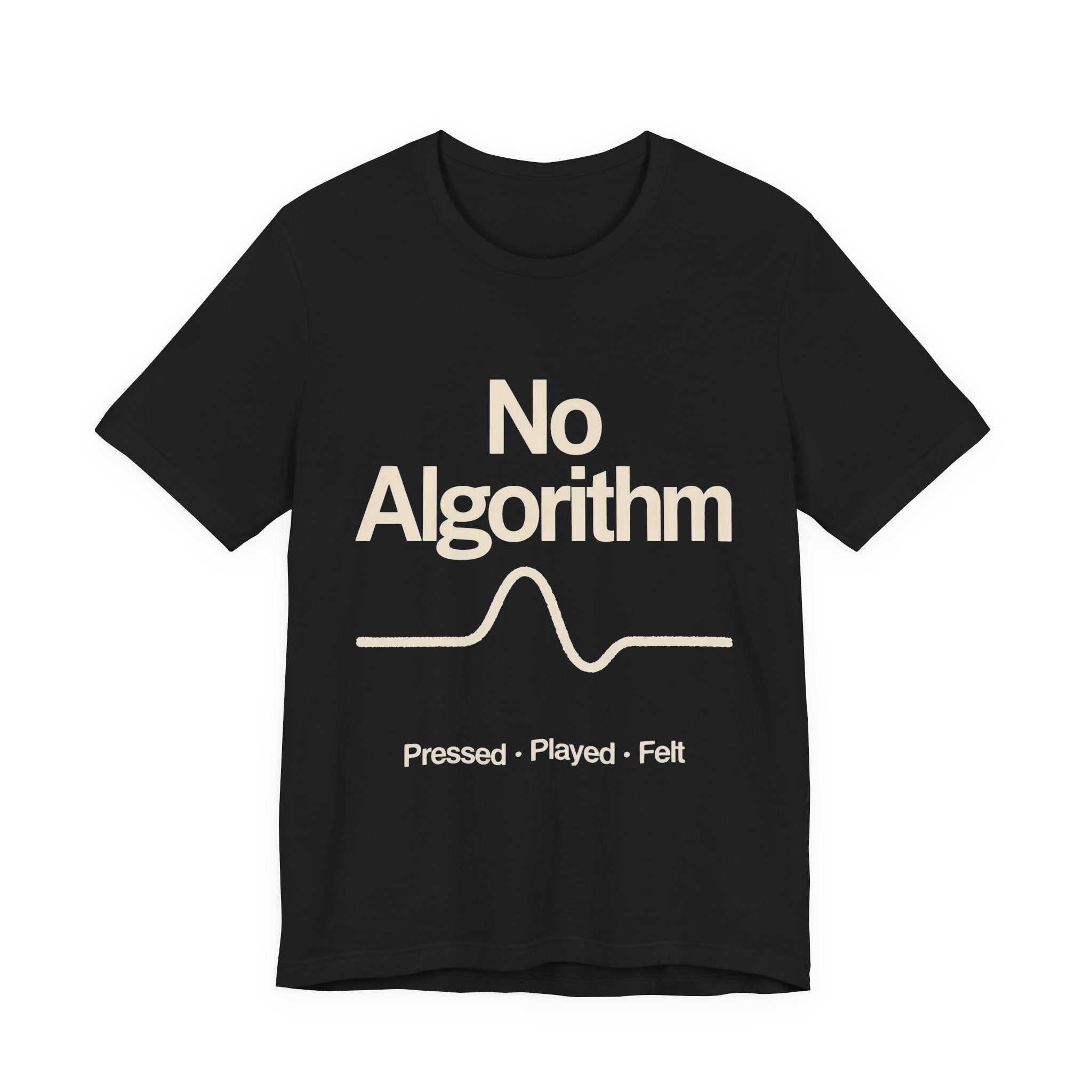 Black t-shirt with 'No Algorithm' text design on a white background
