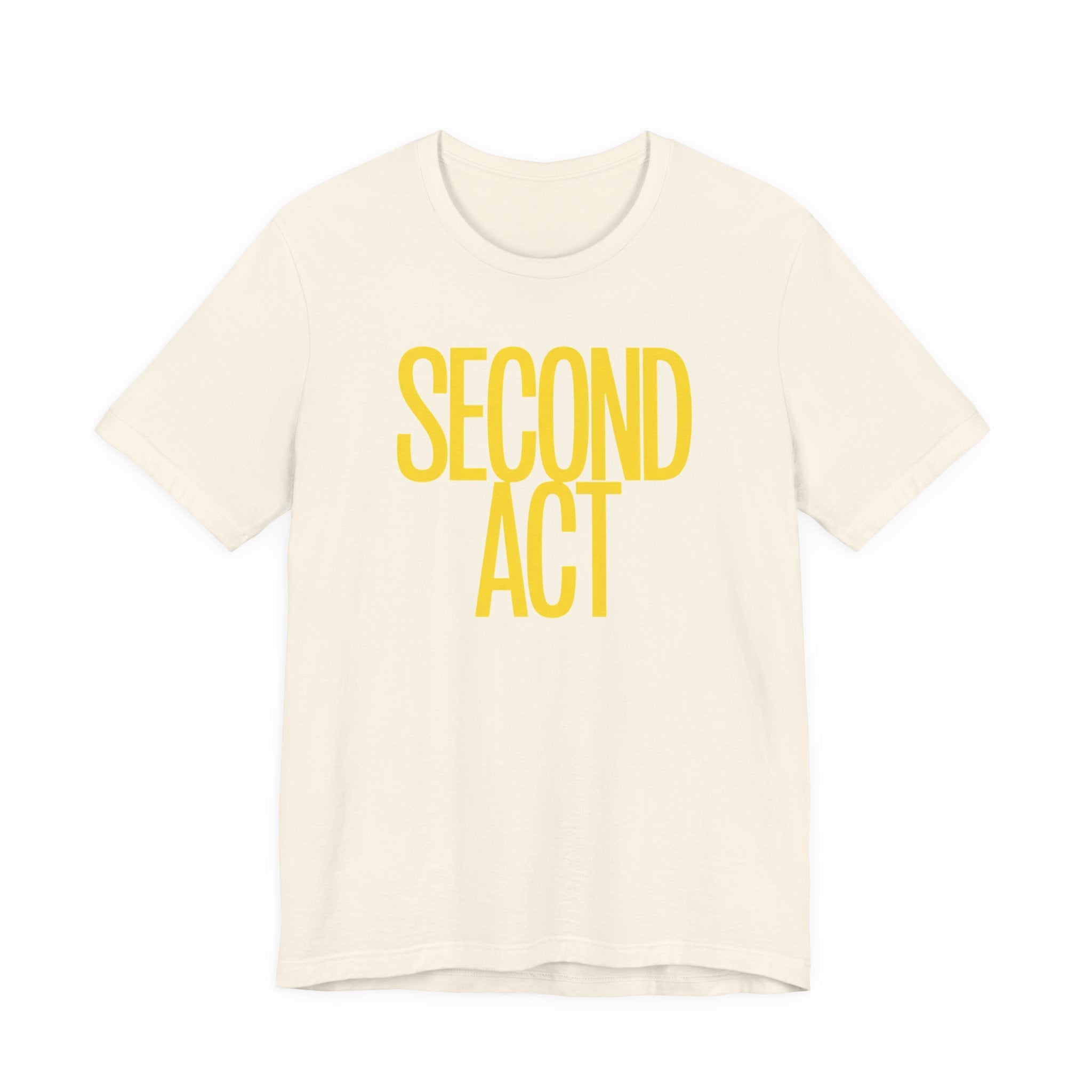 Beige t-shirt with 'SECOND ACT' printed in yellow on a white background