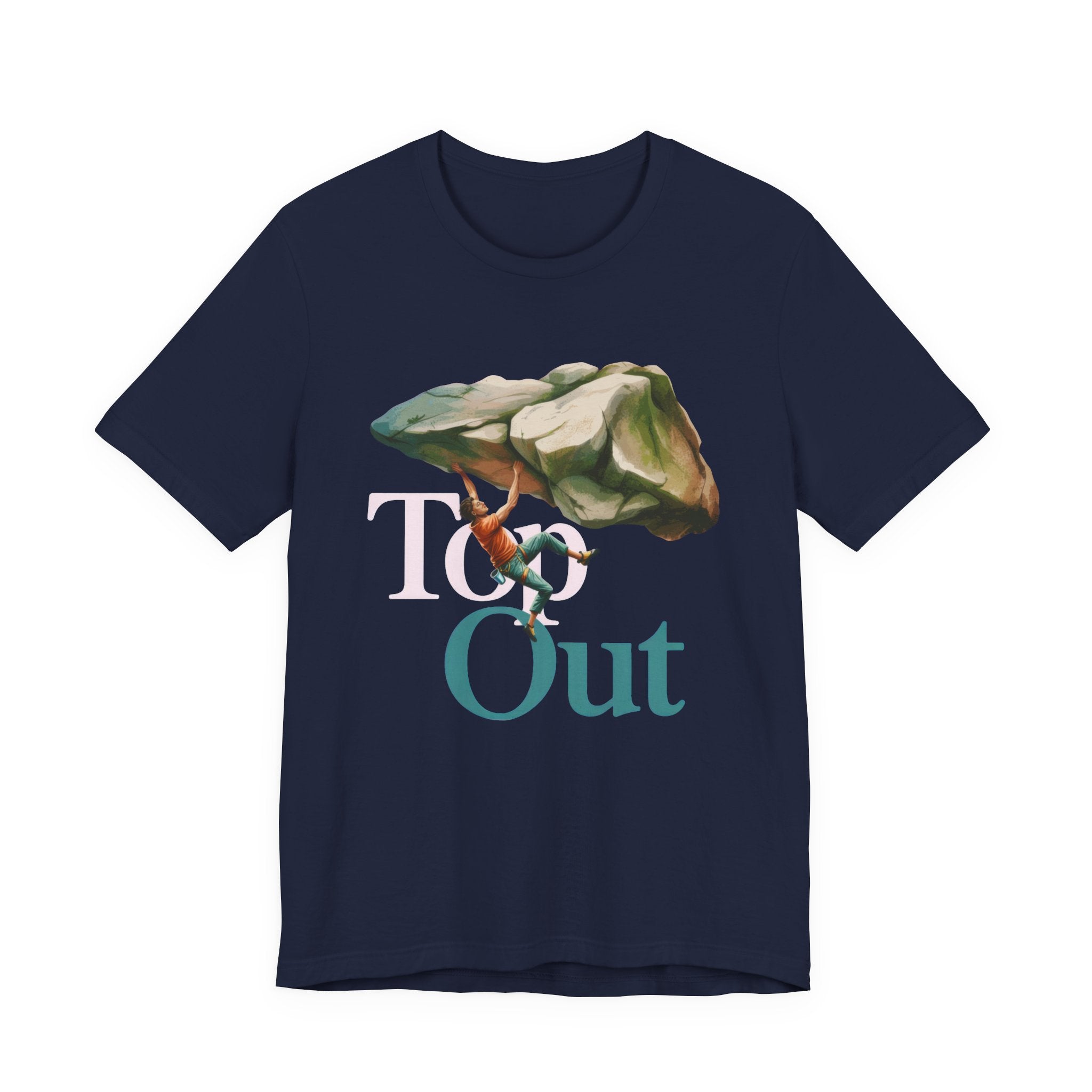 Navy blue t-shirt with a graphic of a person climbing a rock and the text 'Top Out' on a white background