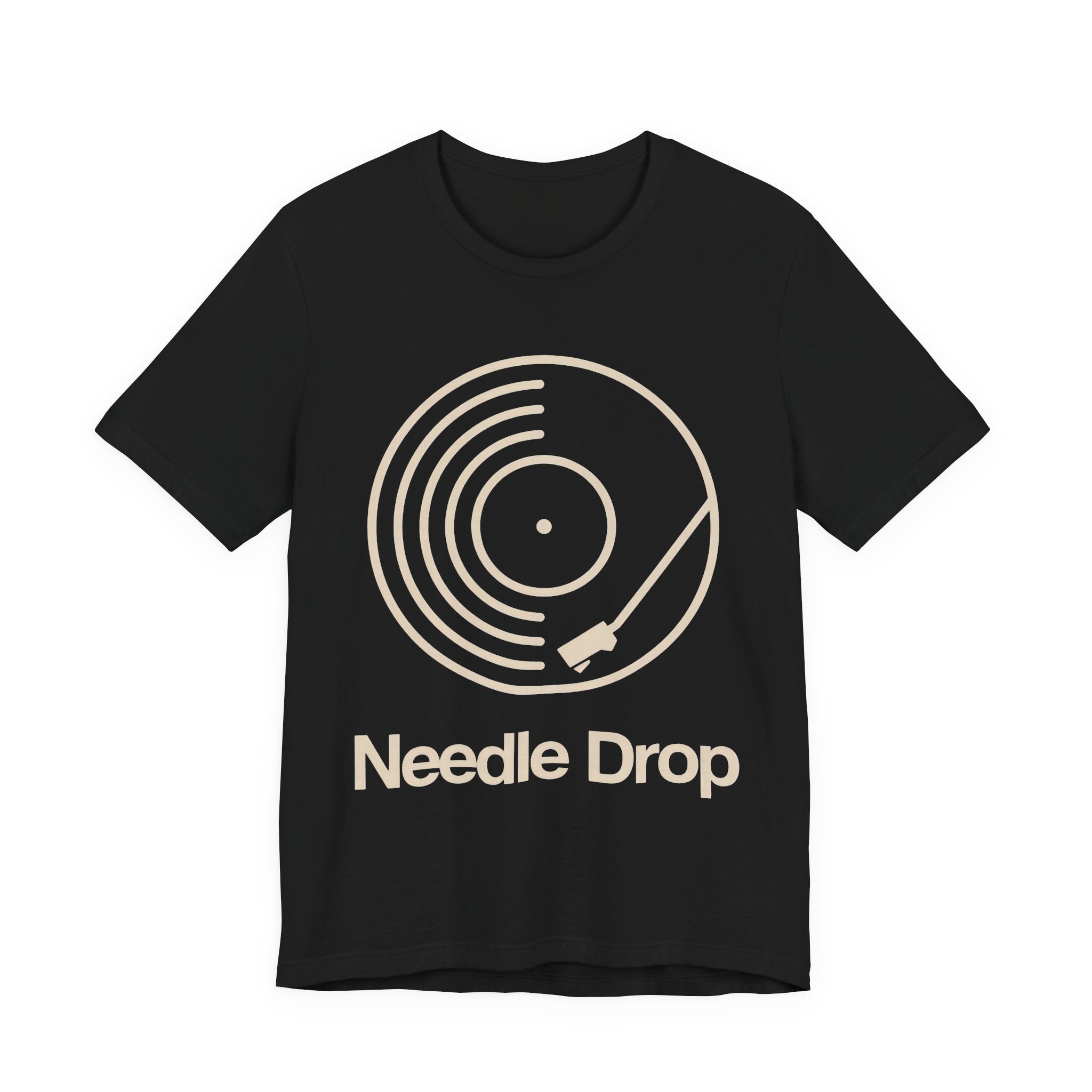 Black t-shirt with 'Needle Drop' vinyl record design on a white background